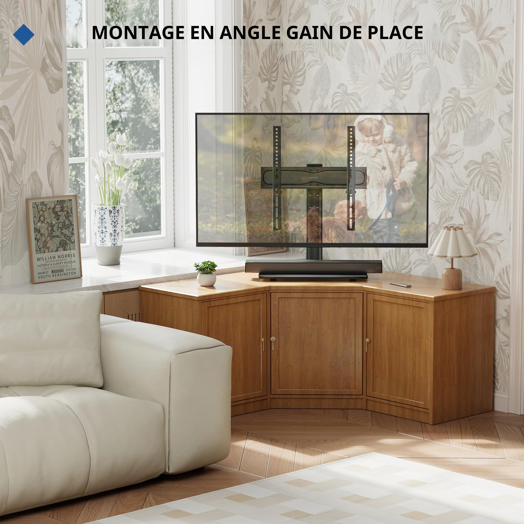 BONTEC Support TV sur Pied de 23 à 60 Pouces LCD/LED/Plasma Jusqu’à 45 kg, Pied TV Universel Hauteur Réglable avec Base en Verre Trempé de 8 mm, Max VESA 400x400 mm