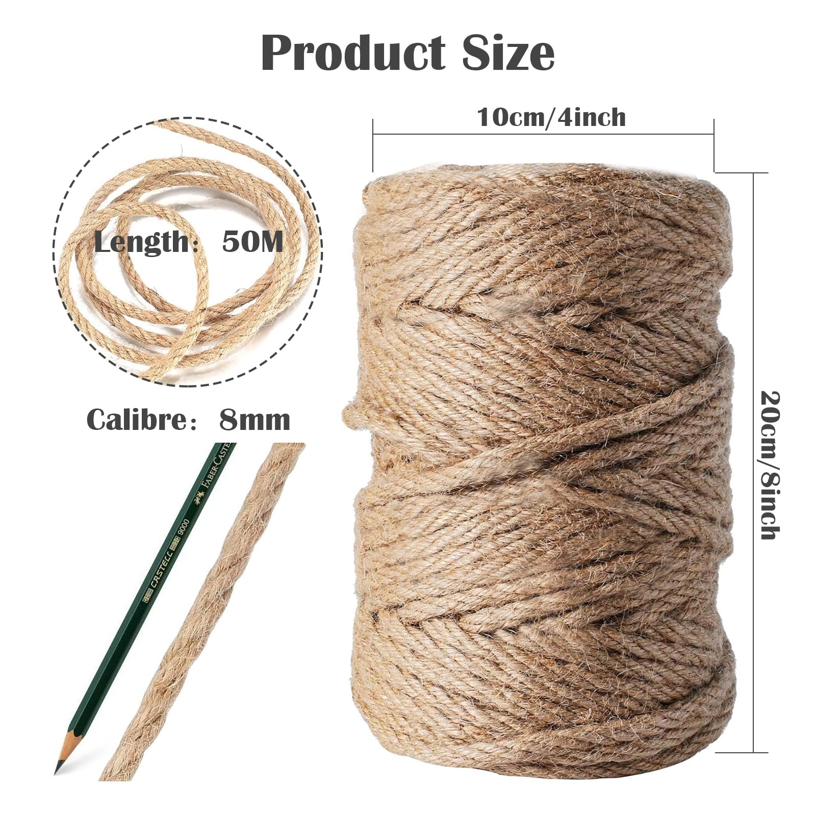 DOBIGER Corda Tiragraffi per Gatti 50m, 8mm Corda Juta Naturale, Sisal Tiragraffi per Gatti, Canapa para Decoración del Hogar y el Jardín