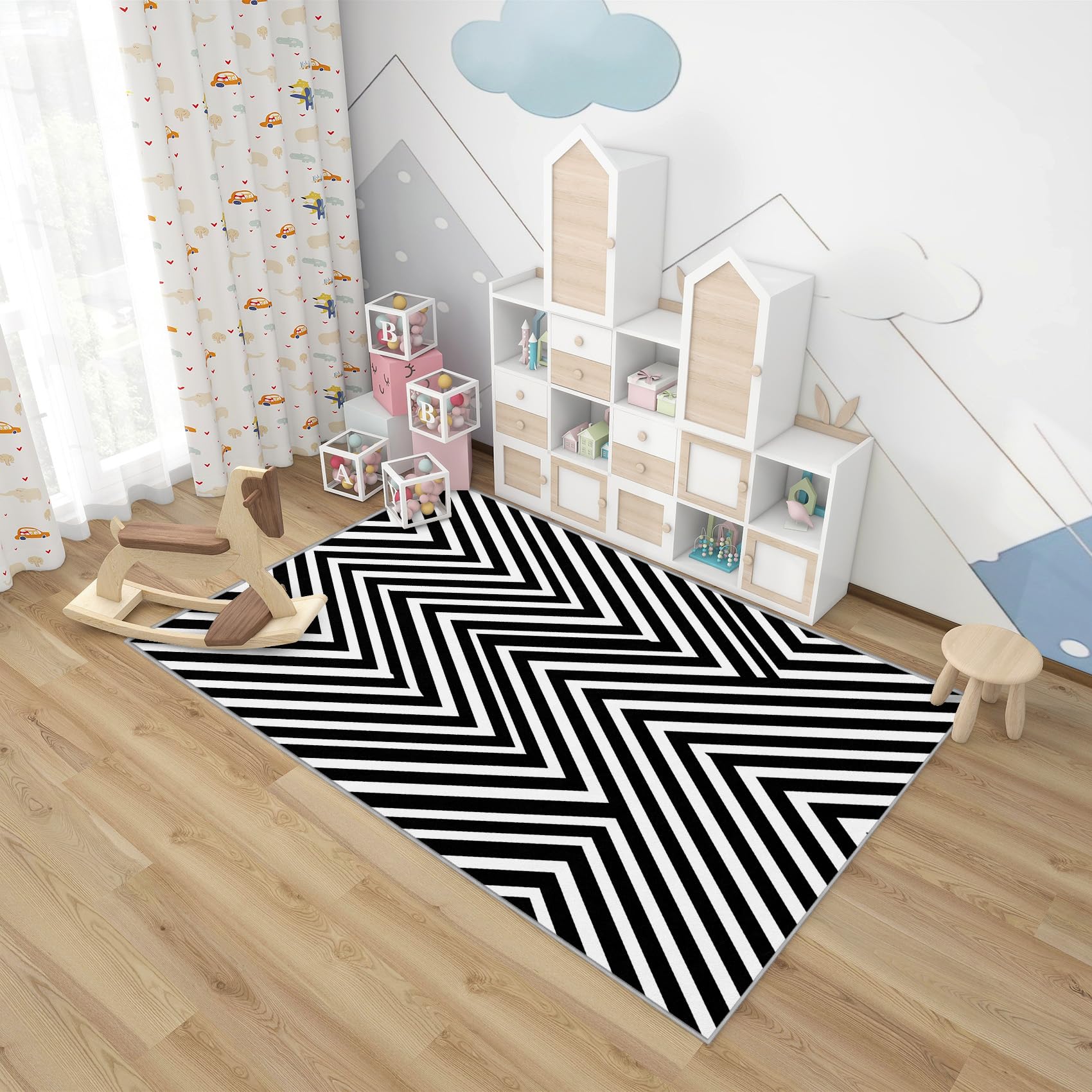 Teppich Schwarz Weiss Gestreift - Teppich Wohnzimmer Schlafzimmer Gestreifte, Kleiner Teppich Chevron, Weich Kurzflor & Waschbar & rutschfest Fussmatte Innen, Kinderteppich 80x150 cm