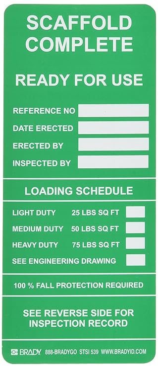 Brady SCAF-STSI 539, Green SCAFFTAG INSERTS GREEN 100/Package (100 Tags)