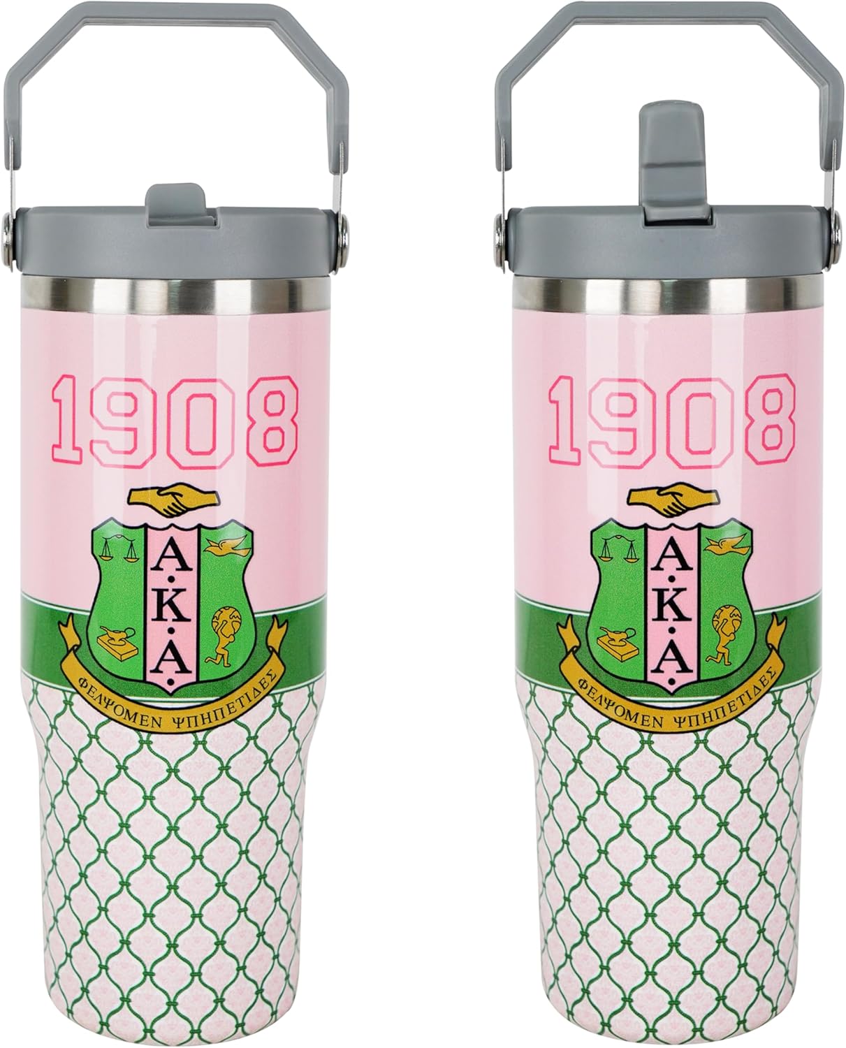 Sorority Gifts for Women 30oz Tumbler with Handle and Straw Lid, 1908 Pink Green Idea Gifts for Women Girl Sisters, Stainless Steel Travel Tumbler Cup Mug(Pink)