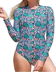 Maiô feminino de manga comprida Rash Guard, secagem rápida, peça única com zíper para natação e praia, Verde, P