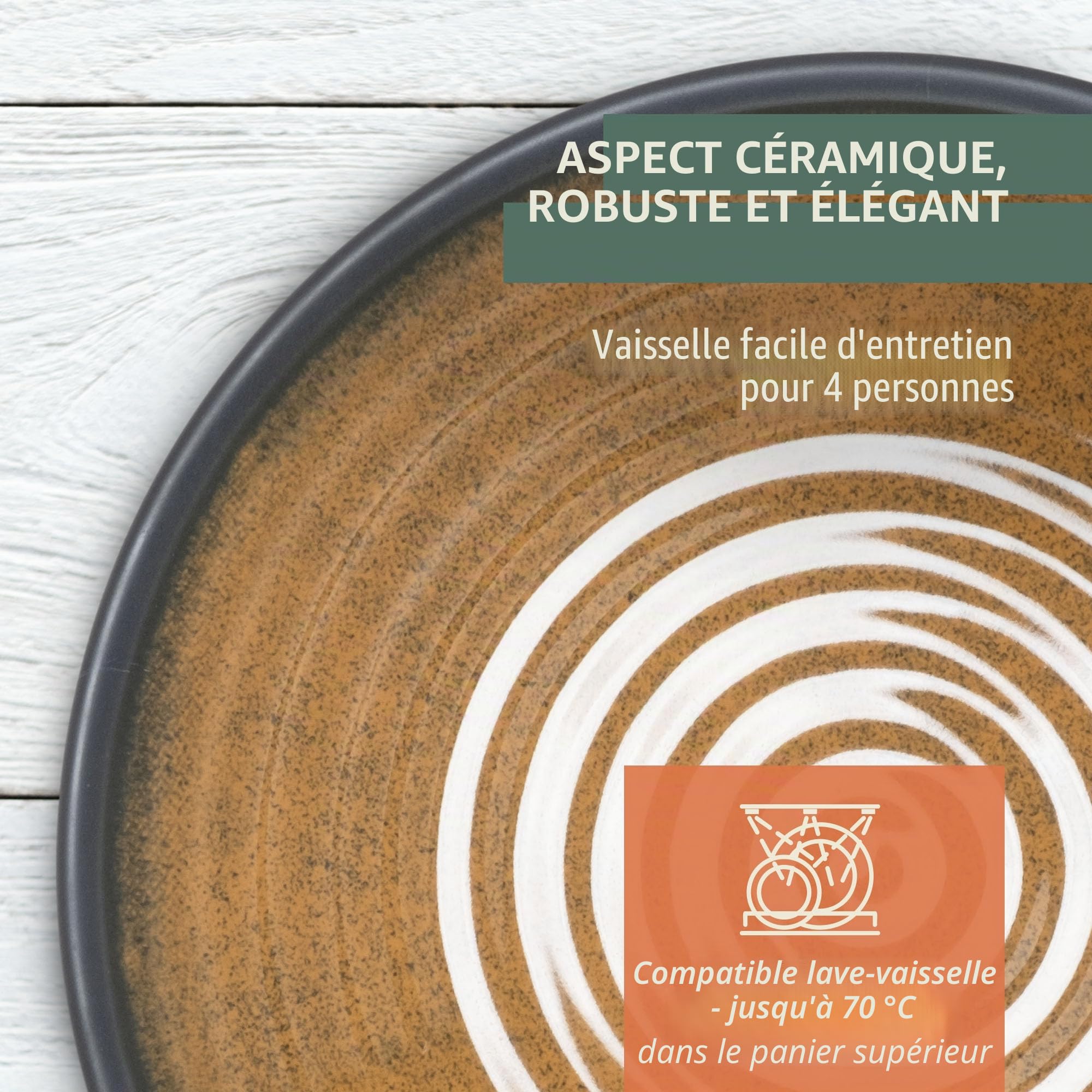 Vaisselle de camping en mélamine pour 4 personnes - Stone Curry + 4 tasses à café - Gobelets - Vaisselle de table - Pique-nique