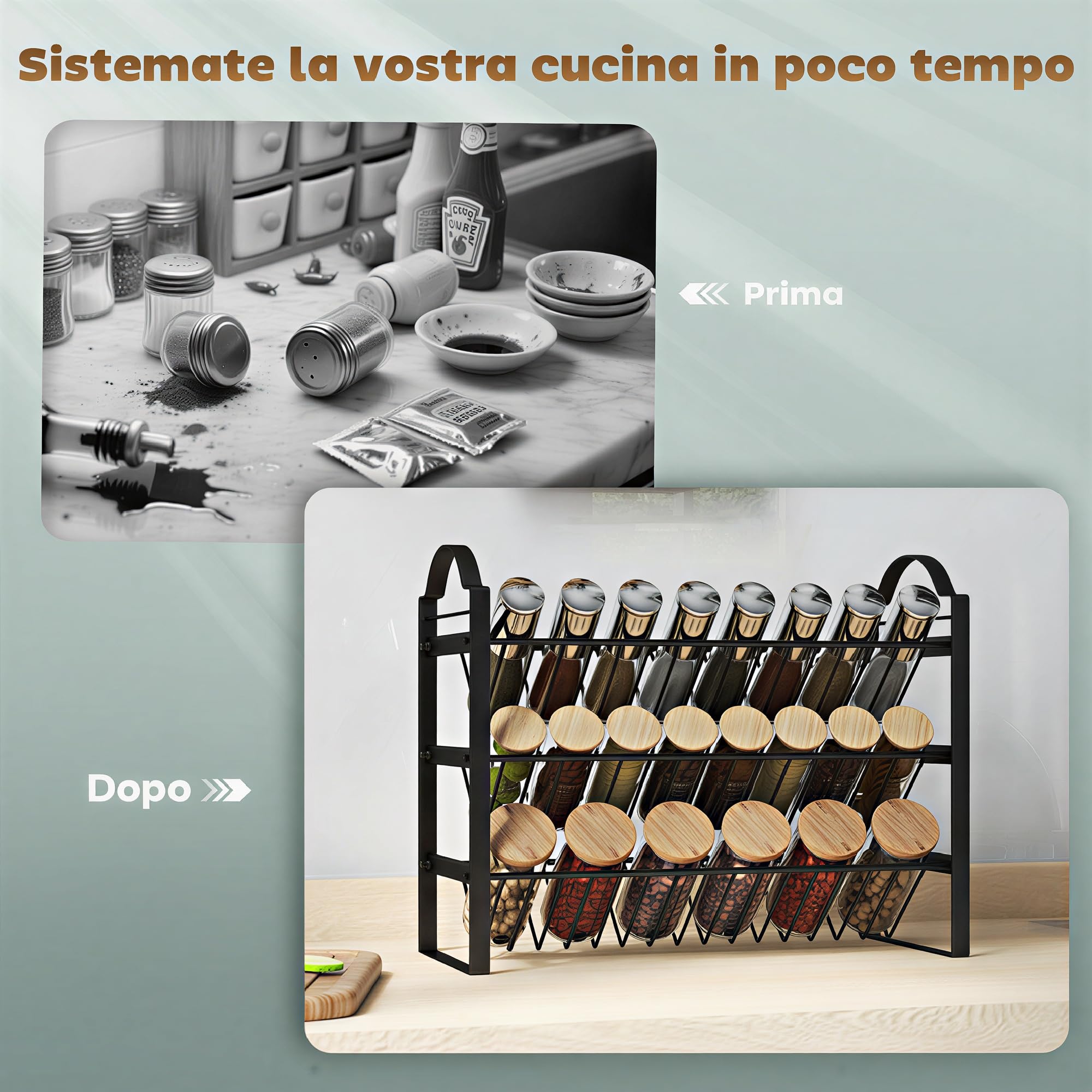 HOMCOM Porta Spezie per Cucina a 3 Livelli, Portaspezie Salvaspazio con Ripiani Inclinati in Metallo, Facile da Montare, per Mobili e Piano Cucina, Nero