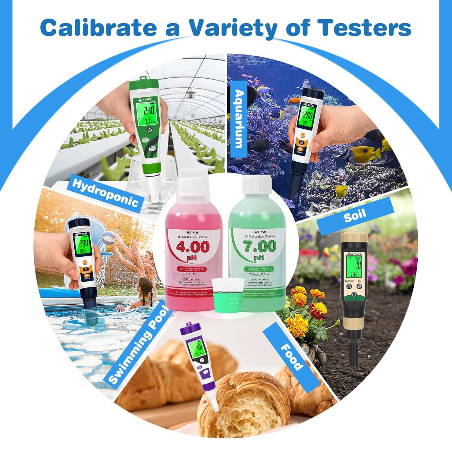 pH EC TDS Meter for Water Hydroponic Nutrient with 8.4oz pH 4.00 Calibration Solution and 8.4oz pH 7.00 Calibration Solution, 4 in 1 pH Conductivity PPM Tester with Simultaneous Display