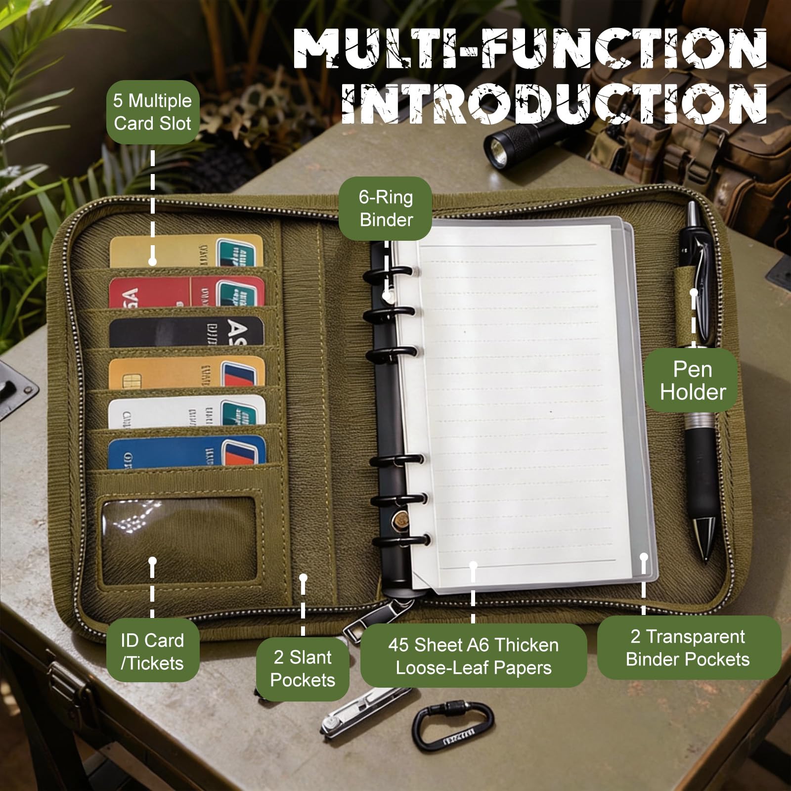 Military Padfolio Ring Binder with Zippered, Waterproof Tactical Notebook with 45 Sheets, Army Military Notebook Cover for Out-Work, Detachable 6-Ring A6 Binder, Khaki - Image 2