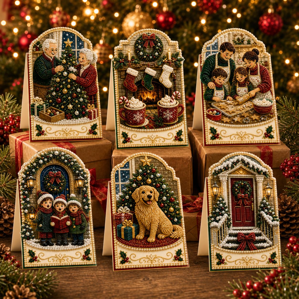 6pcs DIY Pearl Diamond Art Painting Christmas Greeting Cards with Envelopes