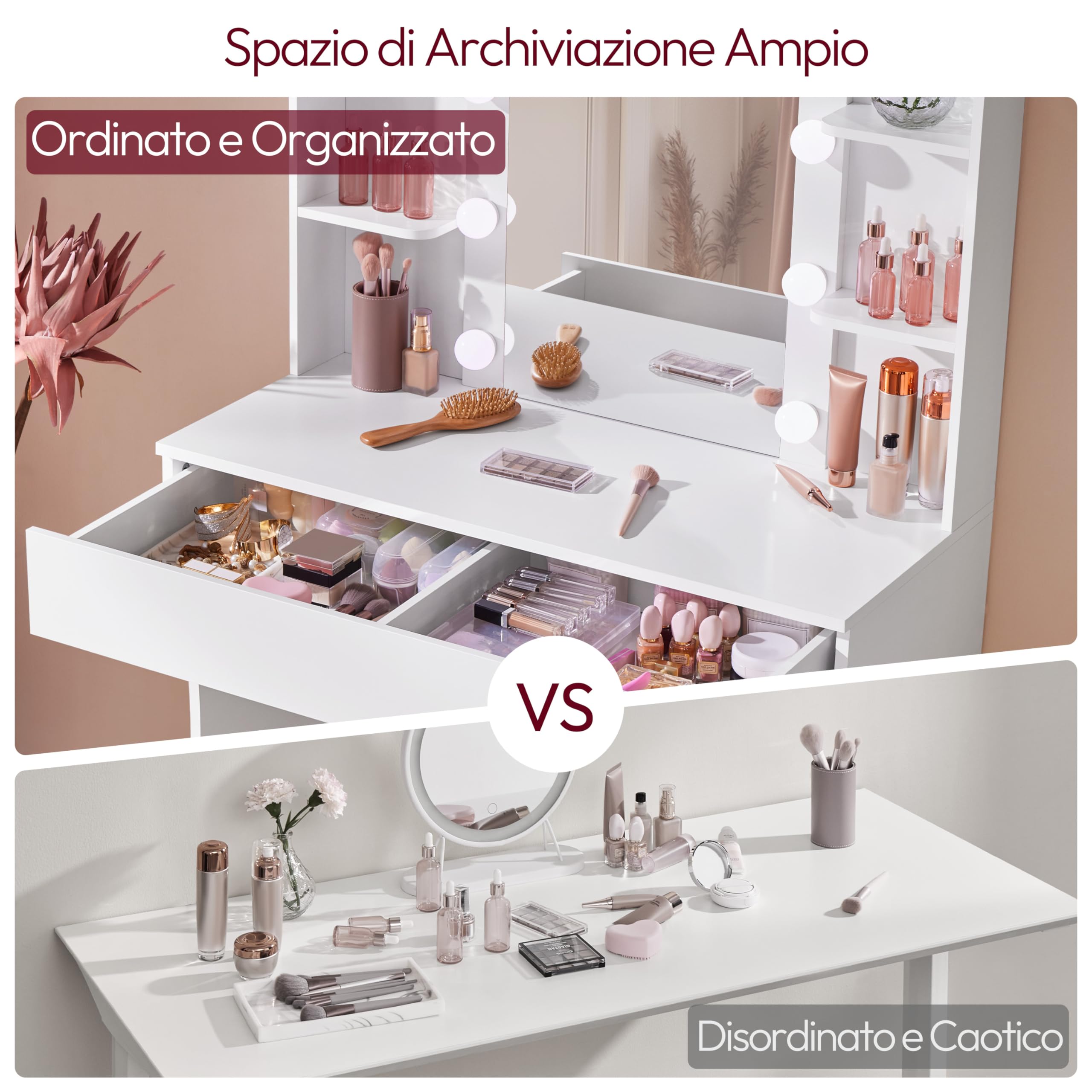 Yaheetech Toeletta Trucco con 10 Luci LED 3 Colori Regolabili e 9 Modalità di Illuminazione Tavolo da Trucco con Specchio in Vetro Temperato 1 Cassetto Grande e 5 Mensole (Bianco)