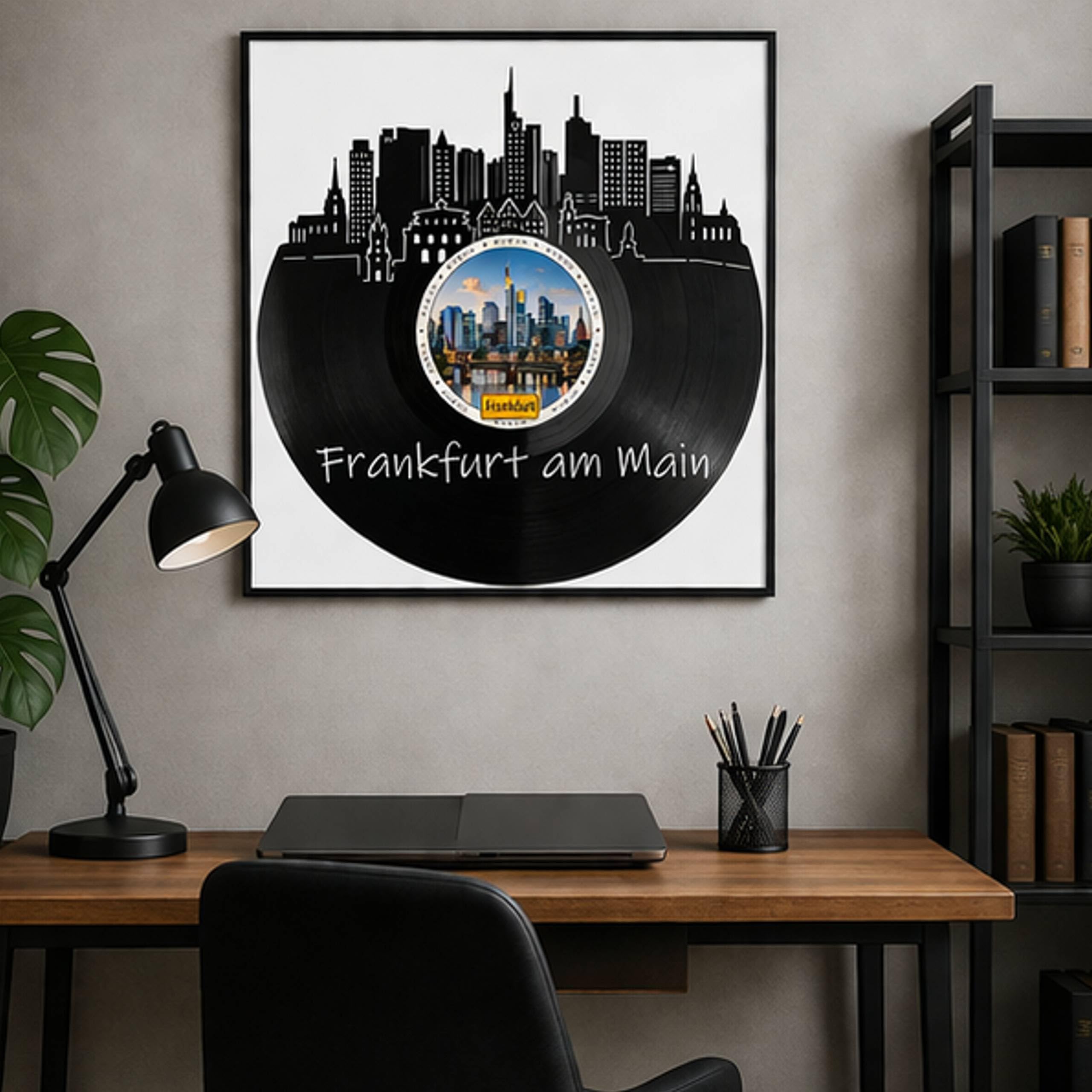 EVEVO Decorazione da parete in vinile, con cornice, 32 x 32 cm, Francoforte sul Meno, skyline di Mainhattan, regalo per gli appassionati di Francoforte