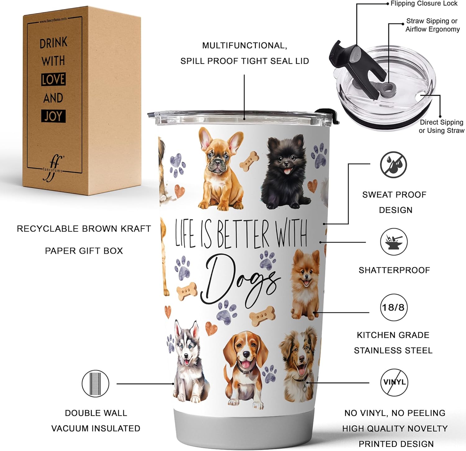 Fancyfams Dog Tumbler 20 oz Stainless Steel Cup, Dog Mom Gifts for Women Mug Men Puppy Lover Gifts Mama (Better With Dogs) - Image 3