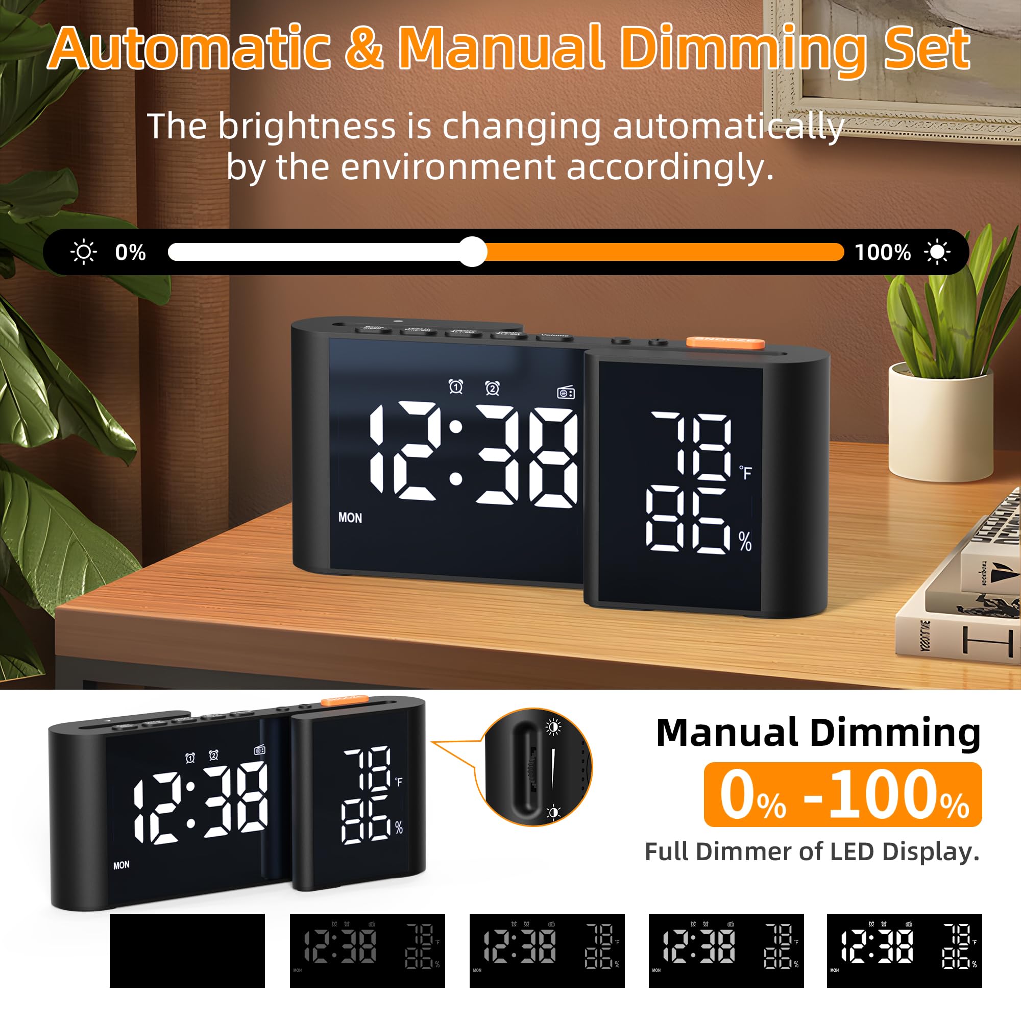 Réveil Numérique Horloge Radio avec Affichage Température et de l'humidité 15 Niveaux Volume Luminosité Réglable Noir-Blanc