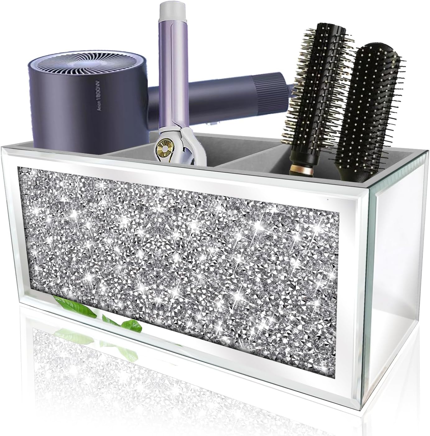 Mirror Hair Dryer Holder Upgrade Crystal Crush Diamond Hair Tool Organizer Wall Mount. Silver Bathroom Cabinet Tray for Blow Dryers, Hairdryer Straightener, Makeup,Brushes .(10.5”x7”x5”)