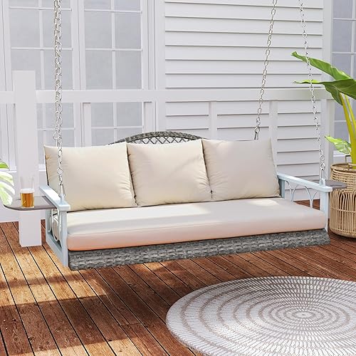 Miniatura 9 de Outsunny Silla columpio de mimbre para 3 personas, resistente, 800 libras con soporte para tazas, 57 pulgadas, ratán al aire libre, banco colgante