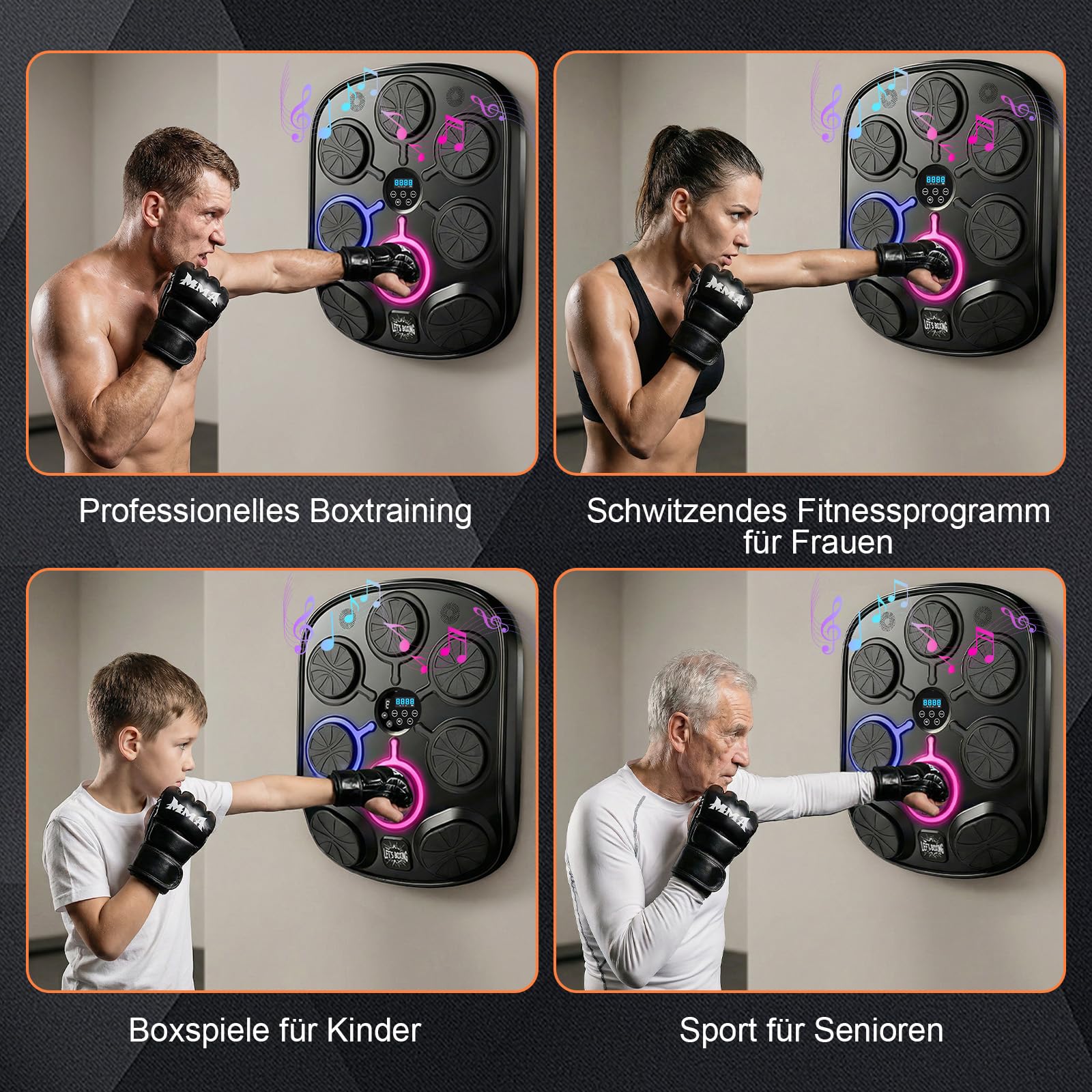 Musikboxmaschine mit Handschuhen, Wandmontage Smart Punching Target mit Bluetooth, 9 Musik-/Lichtmodi, Kalorienzähler, hochschlagfester PU-Schaum für Heim-Fitnesstraining