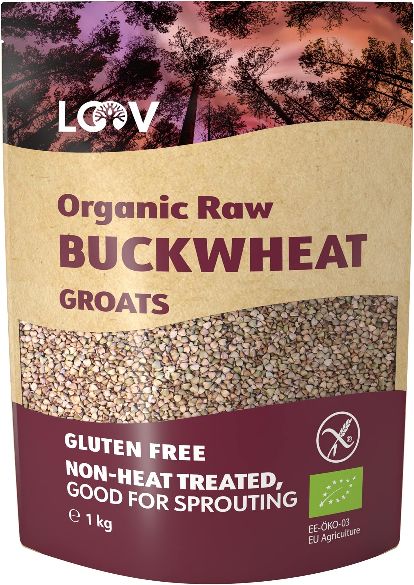 LOOV Organic Buckwheat Groats Gluten Free, 1 kg, Raw, not Heat-Treated, All Nutrients Preserved, Delicious Nutty Flavour, Good for Sprouting, Organically Grown in Nordic Climate, non-GMO