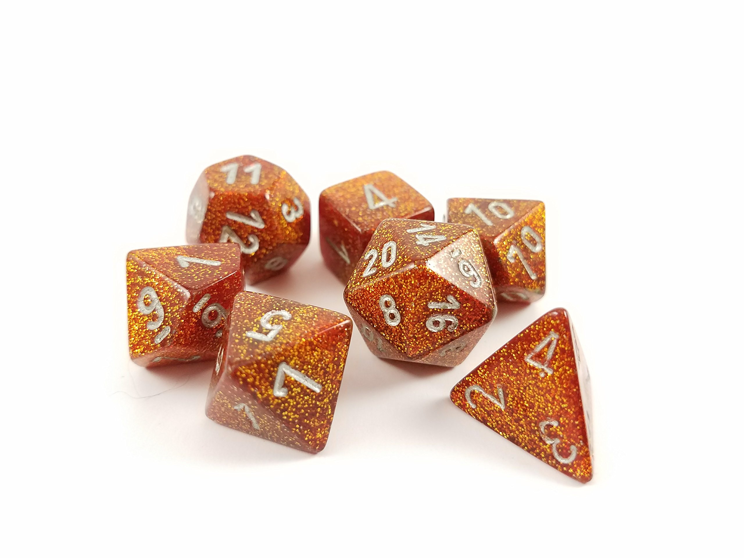 Polyhedral 7-Die Glitter Chessex Dice Set - Gold with Silver Numbers by Chessex