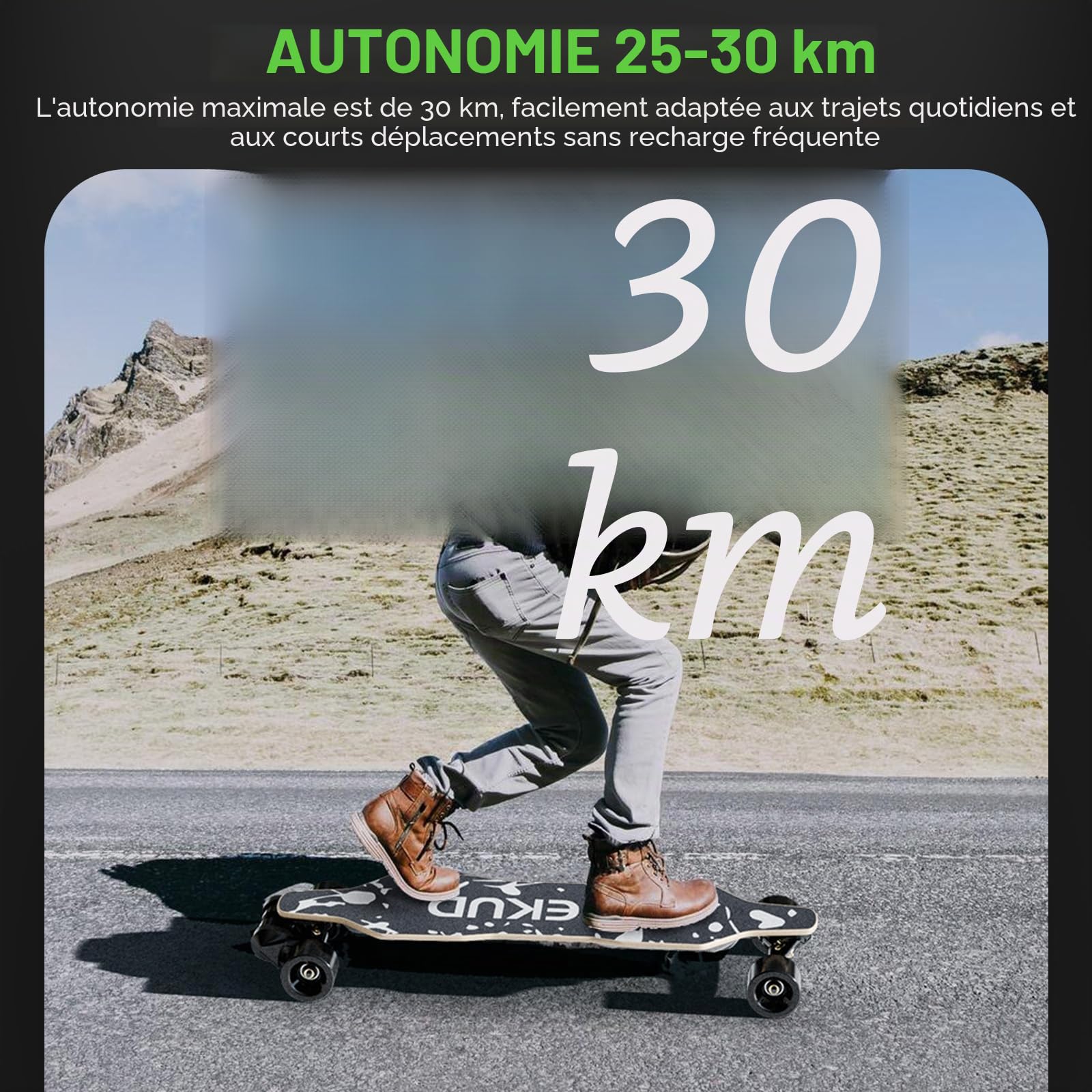 Skateboard électrique pour adultes et adolescents - Moteur 1800 W 4 modes de vitesse - Télécommande avec OLED avec écran - Noir