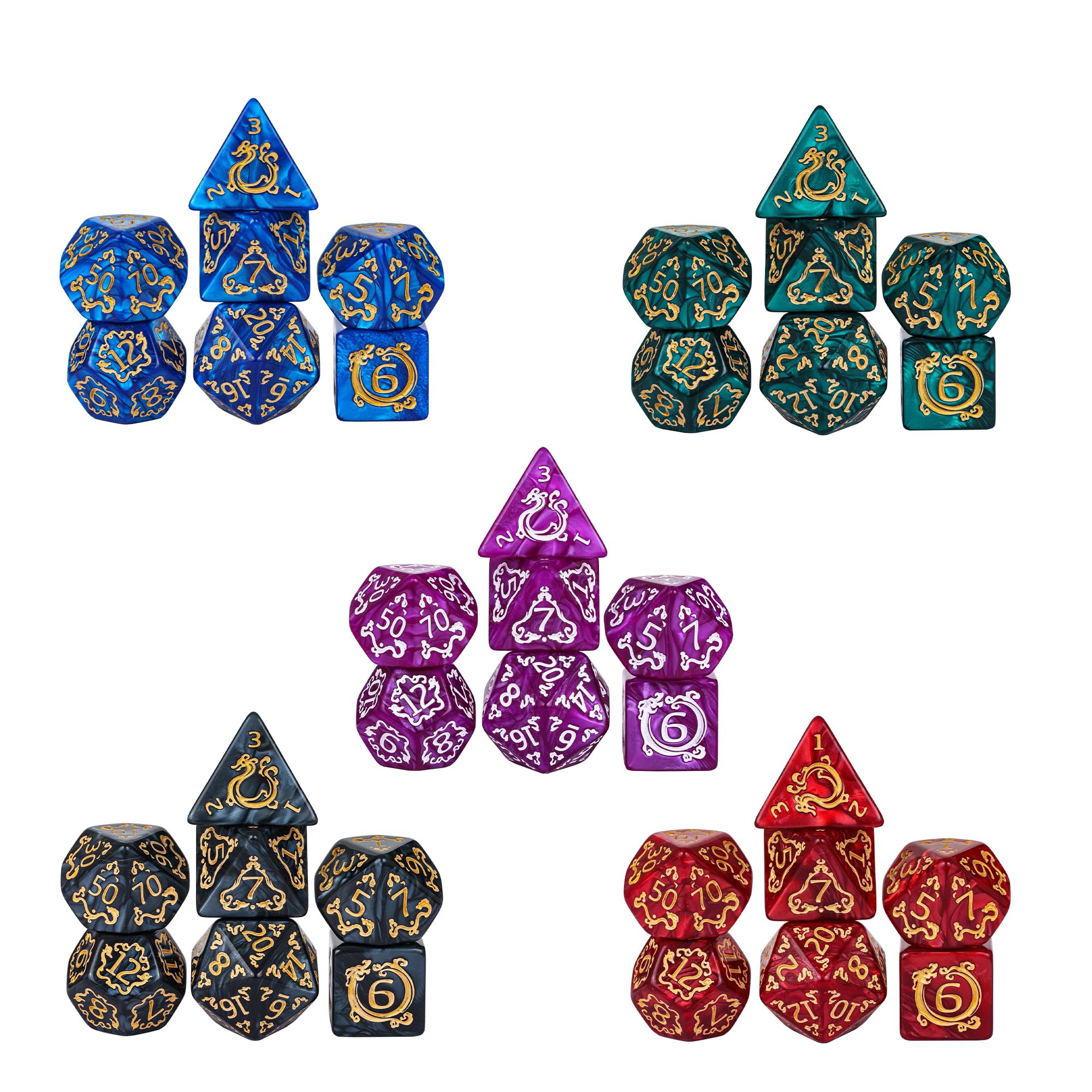 Set di 5 set di dadi poliedrici con motivo drago, 35 pezzi, con borsa in pelle, set di dadi per giochi di ruolo da tavolo