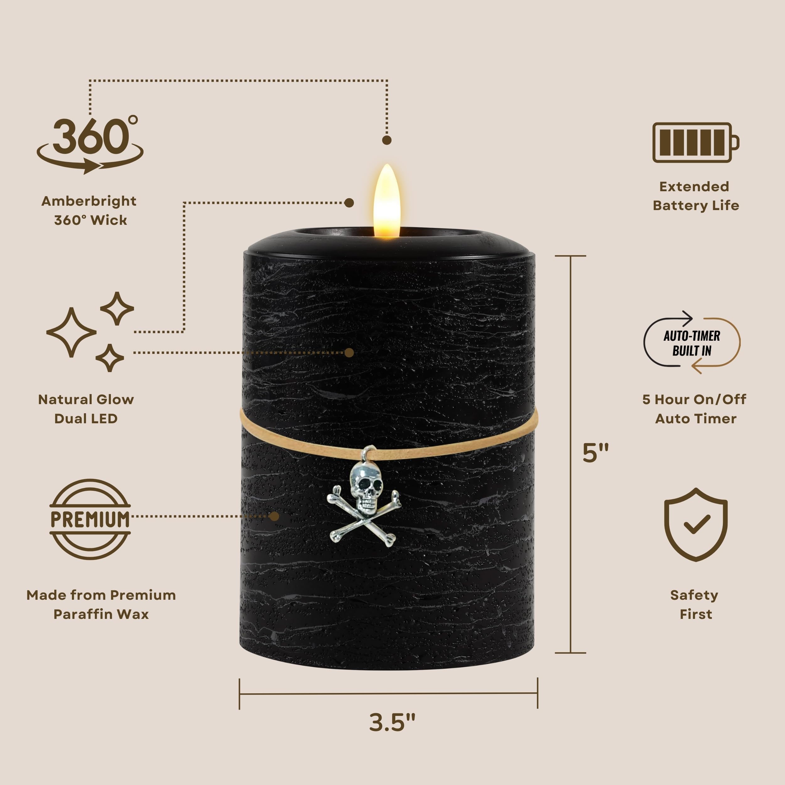 LumiPur Signature - Candela cilindrica in cera a LED senza fiamma, con luce naturale tremolante, con bagliore naturale (nero, 8,9 x 12,7 cm)