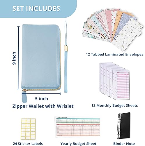 Miniatura 5 de Monedero con sobres para efectivo Azure, todo en uno, sistema de presupuesto con 12 sobres para efectivo, 12 tarjetas de presupuesto mensual, 1 hoja