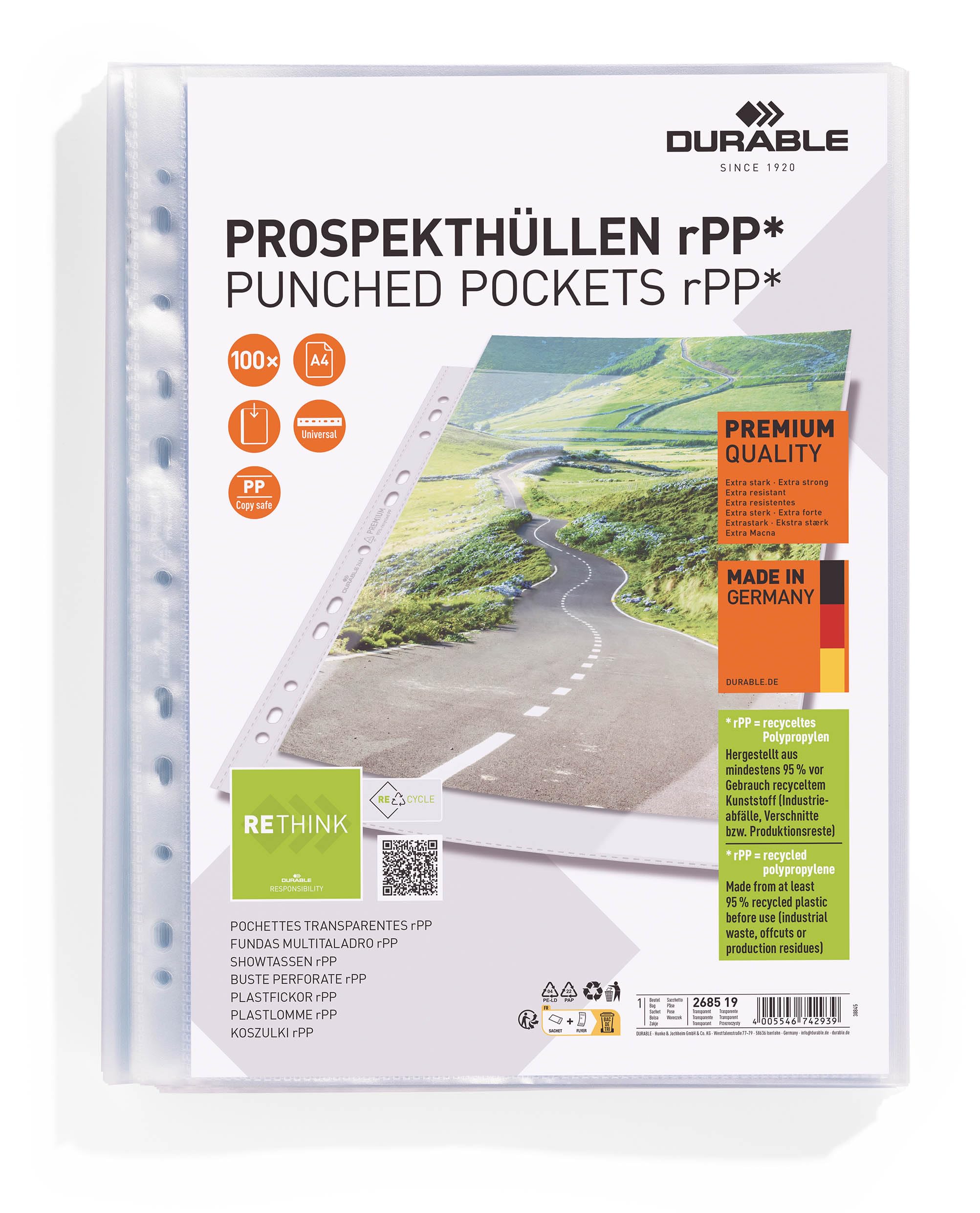 Durable Recycled A4 Punched Pocket Sleeve Wallets - Pack of 100 Robust Punched Pockets - Made of Strong Recycled PP - Transparent