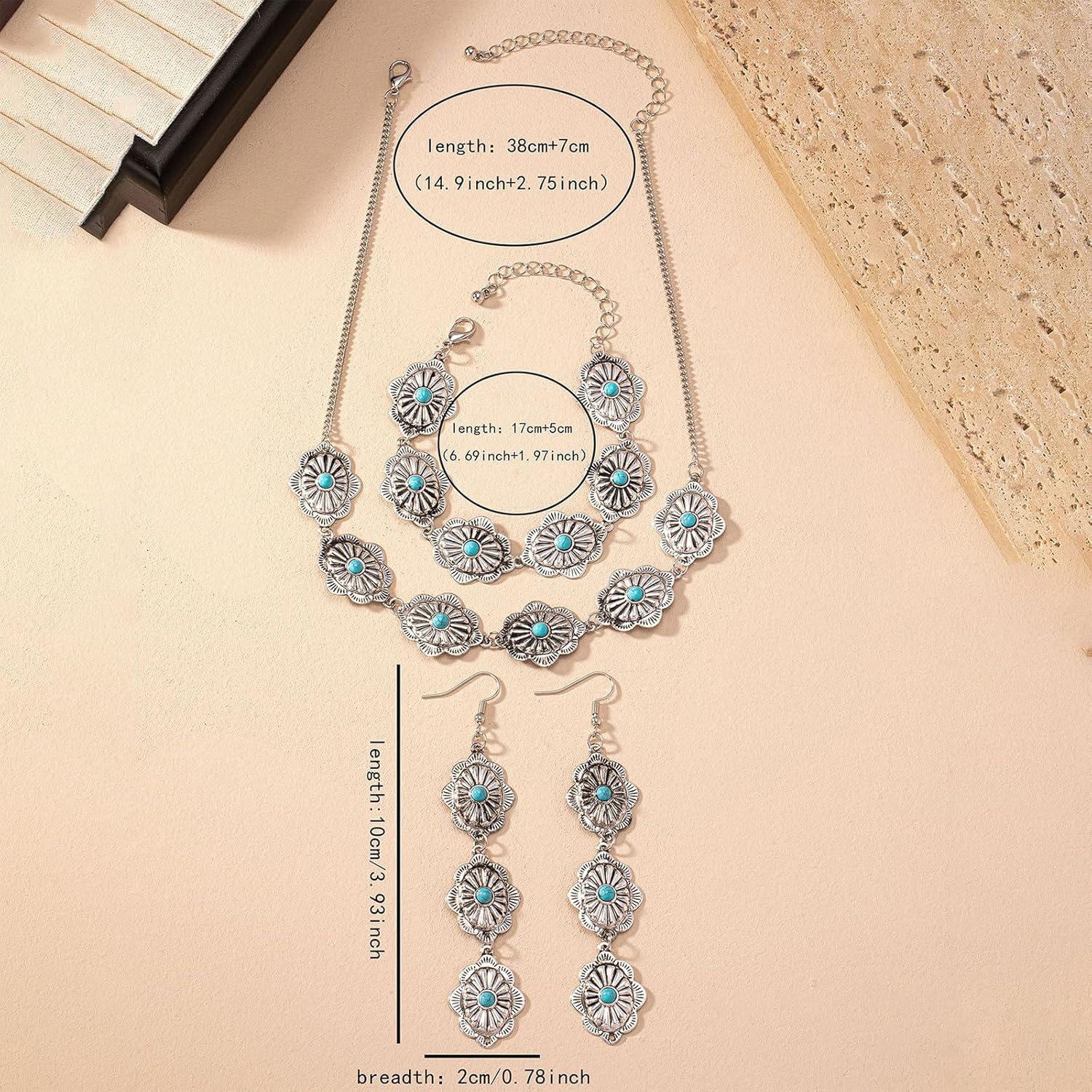 Womens Turquoise Western Bohemian Vintage Style Jewelry Set Earrings Necklace Bracelet Summer Beach Vacation - Image 6