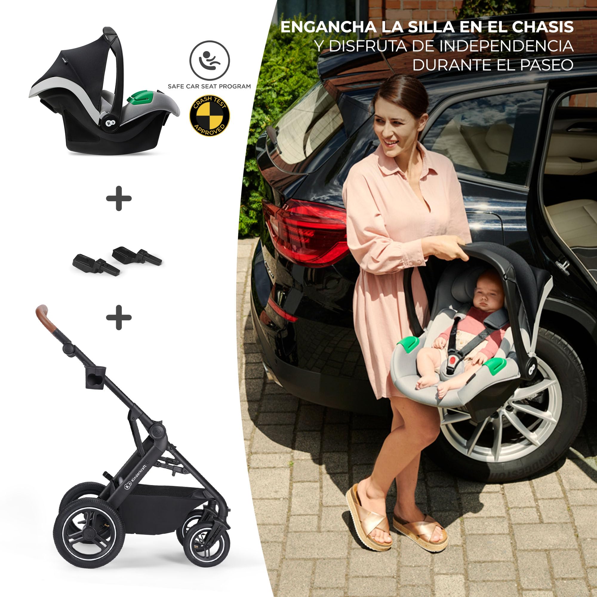 Kinderkraft B-TOUR Carrito Bebé 3 en 1, i-Size 40-75 cm, asiento 2 en 1, Silla de Paseo desde el nacimiento hasta los 22 kg, con Silla Coche, silla de coche 0-13 kg, TRAVEL SYSTEM, Gris oscuro