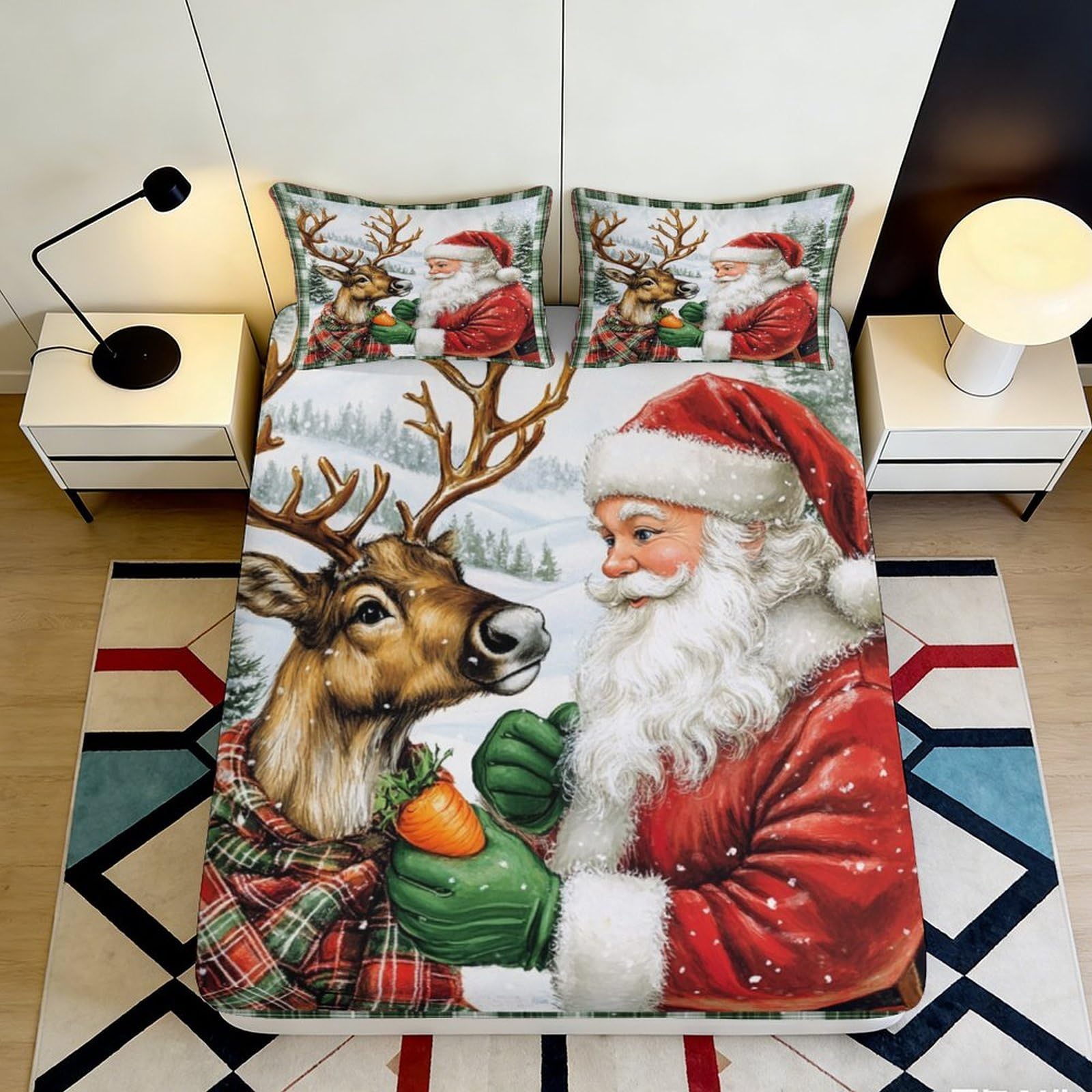 3D Printed Santa Claus Reindeer Fitted Sheet Microfiber Soft Non-Slip Christmas Bed Cover for Bedroom, Dorm, Easy Care 140x200x25cm