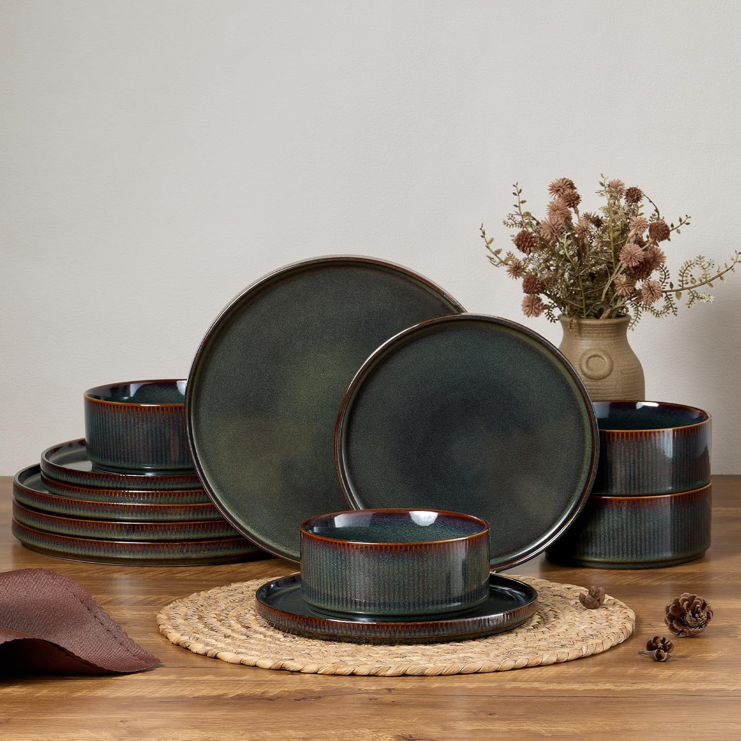 E-far 12-Piece Plates and Bowls Sets, Stoneware Dinnerware Dishes Sets for 4, Kitchen Modern Dining Dishware, Chip & Scratch Resistant, Microwave & Dishwasher Safe, Blackish Green