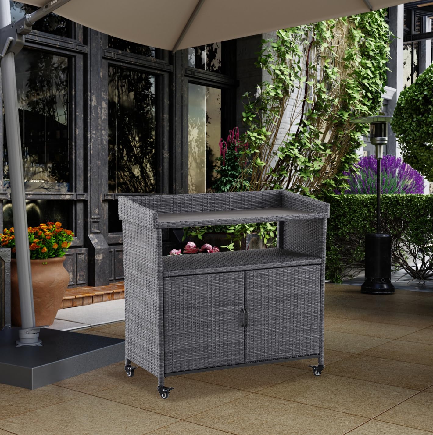 METRO Professional Carrello di Servizio con Armadietto Balsario, alluminio/PE rattan, 112 x 56 cm, Grigio Pietra