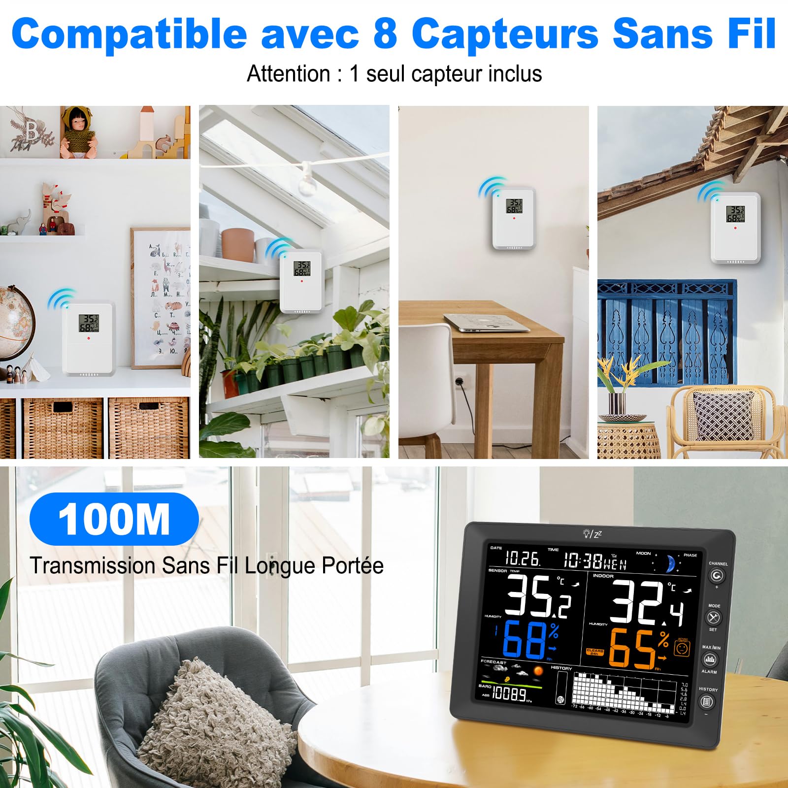 Urageuxy Station Météo Sans Fil avec Capteur Extérieur Écran Couleur 8,3"