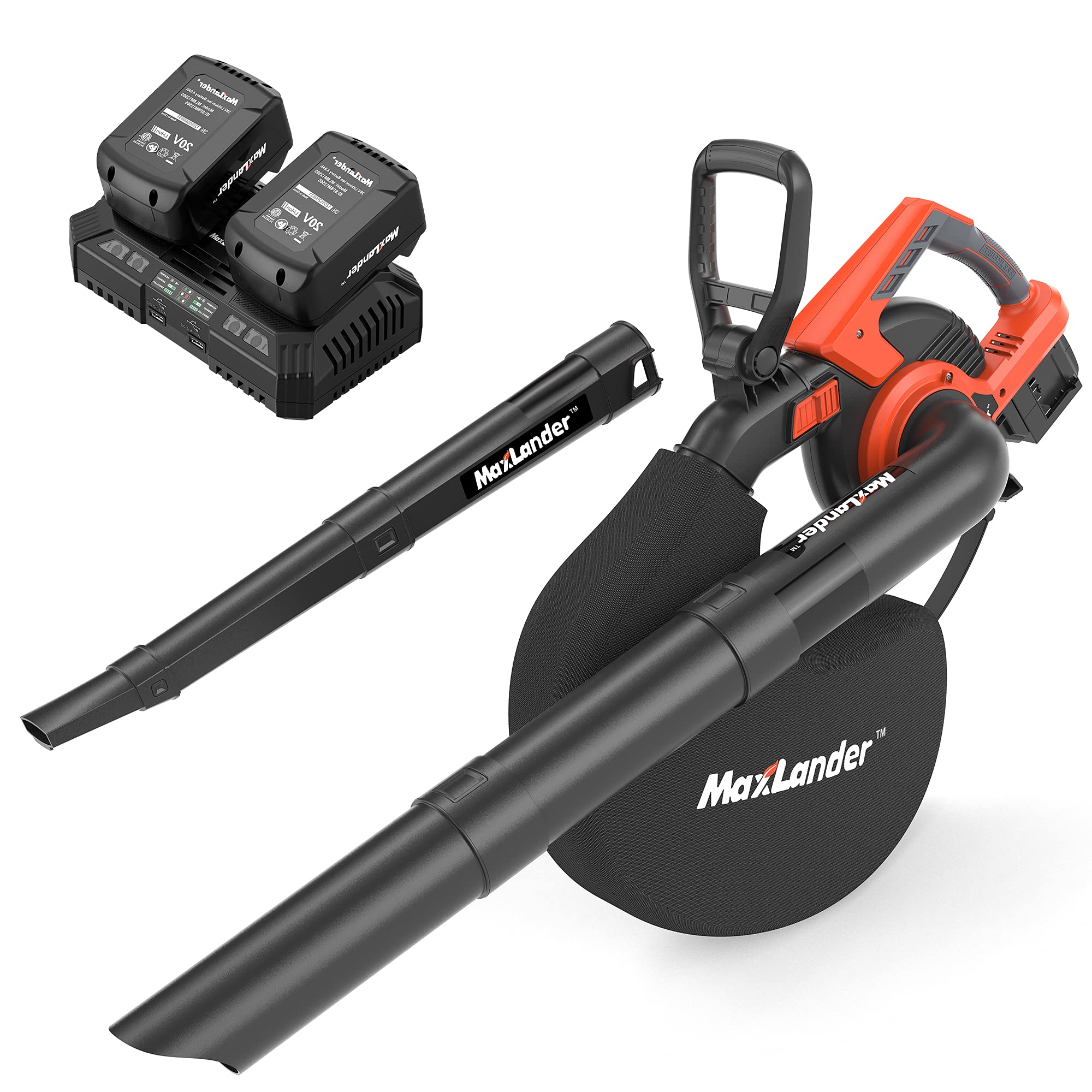 MAXLANDER 2 in 1 Cordless Leaf Blower & Vacuum Cleaner with Bag, 40V 170MPH 330CFM Electric Handheld Sweeper with 2 x 4.0Ah Battery & Charger, 12 Amp, 45L Storage Bag, Low Noise