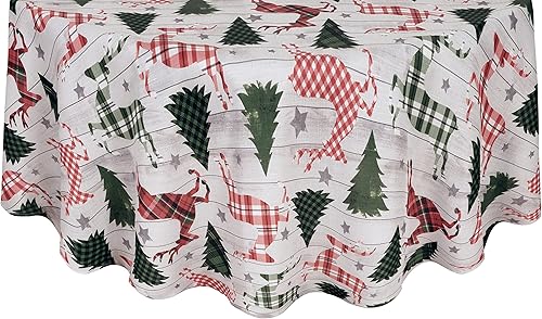 Newbridge Mantel de tela navideña rústica con diseño de reno Prance de Merry Reindeer y árbol de Navidad, fácil cuidado, 52 x 52 pulgadas, cuadrado