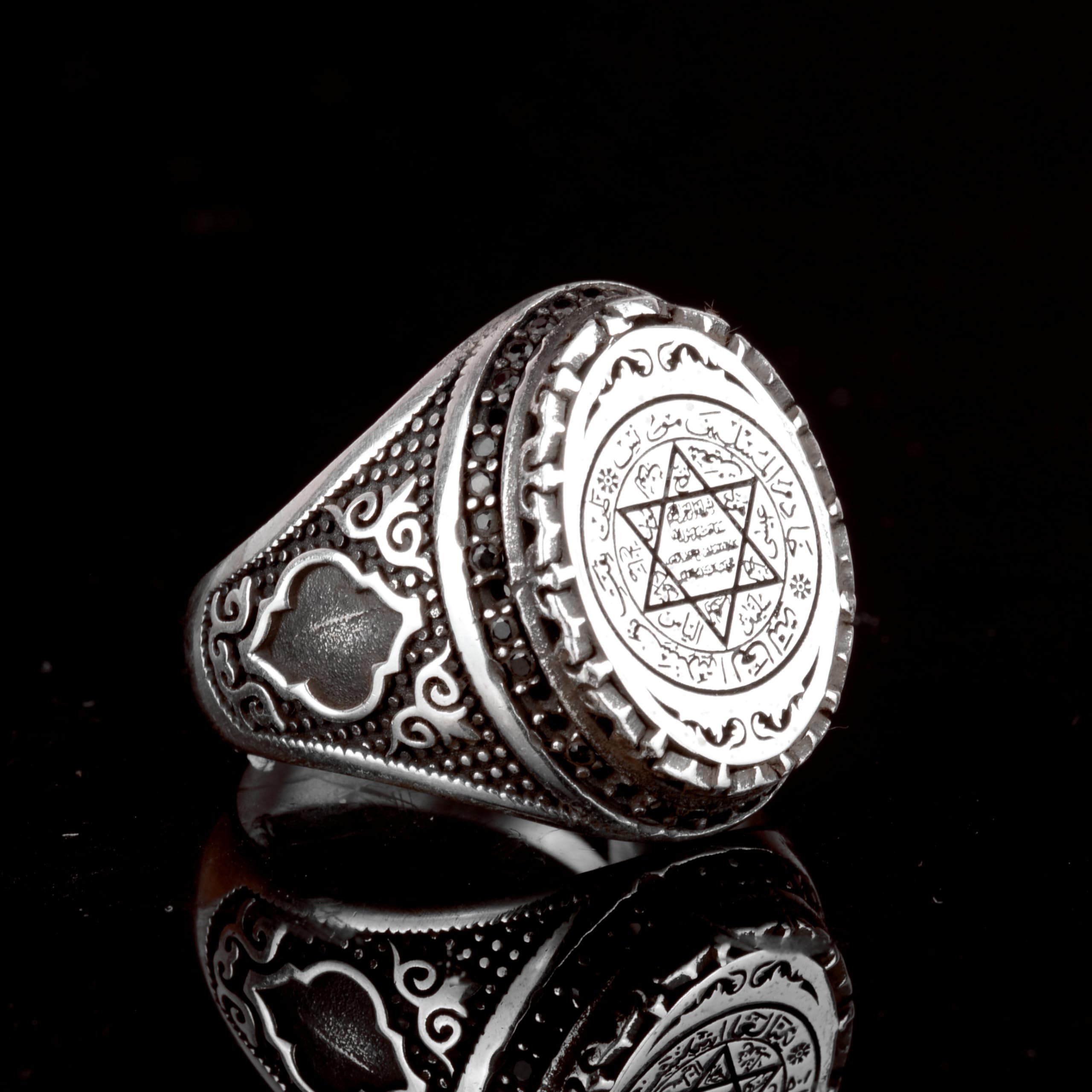 KAMBO Anillo islámico de plata de ley para hombre, sello grabado con sello de Salomón, anillo grande vintage hecho a mano, piedra preciosa de plata, ónix
