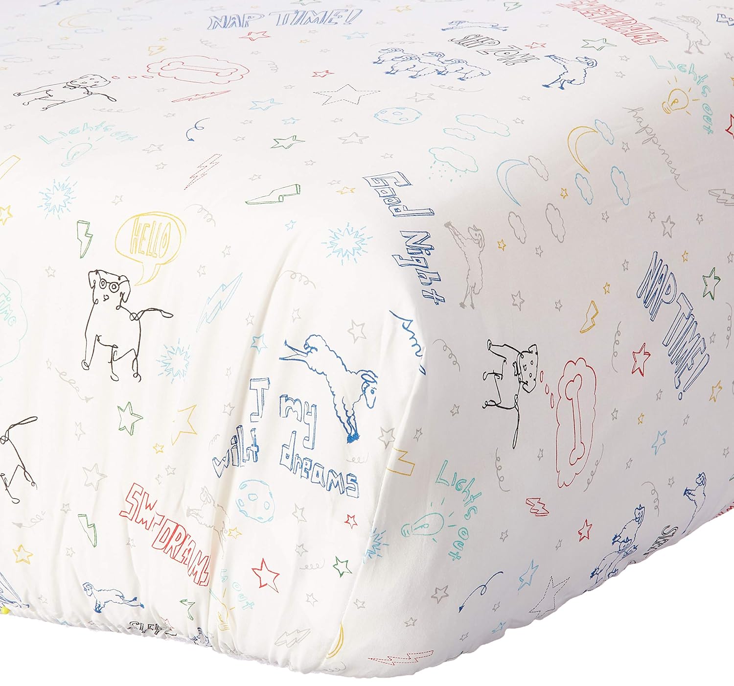 ED Ellen DeGeneres Doodle Dog - 100% Cotton Fitted Crib Sheet, All-Over Doodle Print, Ivory, Royal, Red, Yellow (Pack of 2)