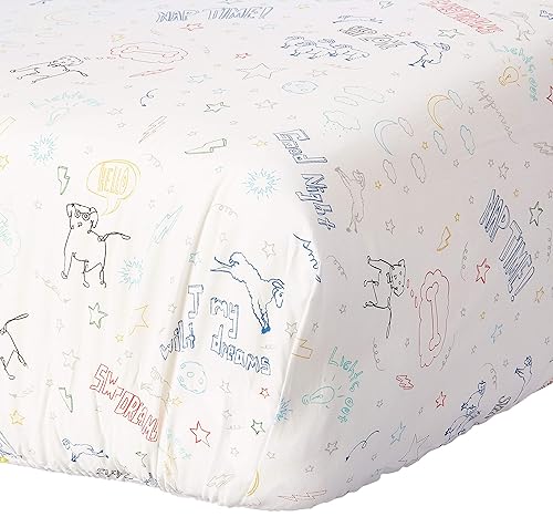 ED Ellen DeGeneres Doodle Dog - Sábana bajera ajustable para cuna, 100 % algodón, estampado de garabatos, marfil, real, rojo, amarillo