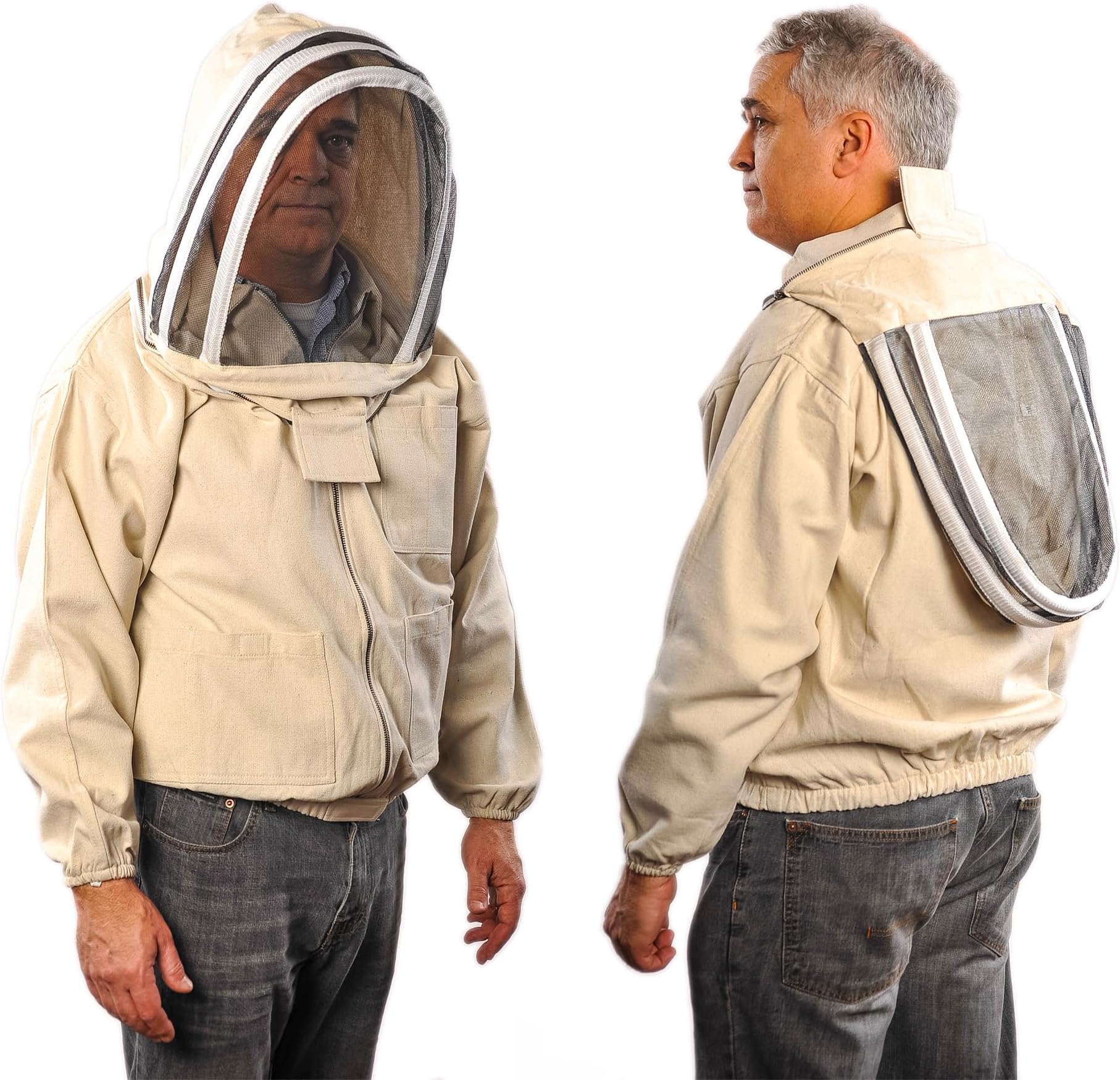 Bee Jacket with Veil - Natural Canvas Bee Suit Jacket with Elastic Waist & Cuffs, YKK Brass Zippers, 3 Utility Pockets. Removable Hood Interchangeable with Forest Beekeeping Suit.(Large)