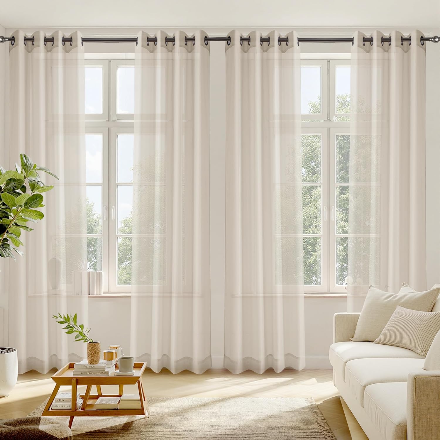 RYB HOME Khaki Sheer Curtains, Light Filtering Extra Long Grommet Top Elegant Window Panels, Airy & Breathable Voile Sheer Drapes for Large Window, Living Room, Bedroom, 54W by 96L, Set of 4 54"W x 96"L (Pack of 4) Khaki