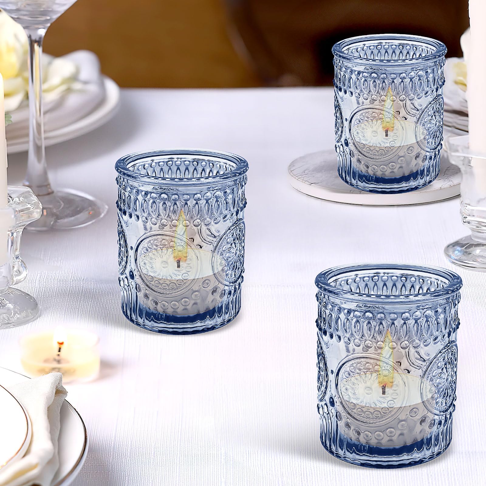 Lot de 24 bougeoirs en verre bleu vintage bohème pour Noël, fête prénuptiale, centre de table, salon, maison, fête