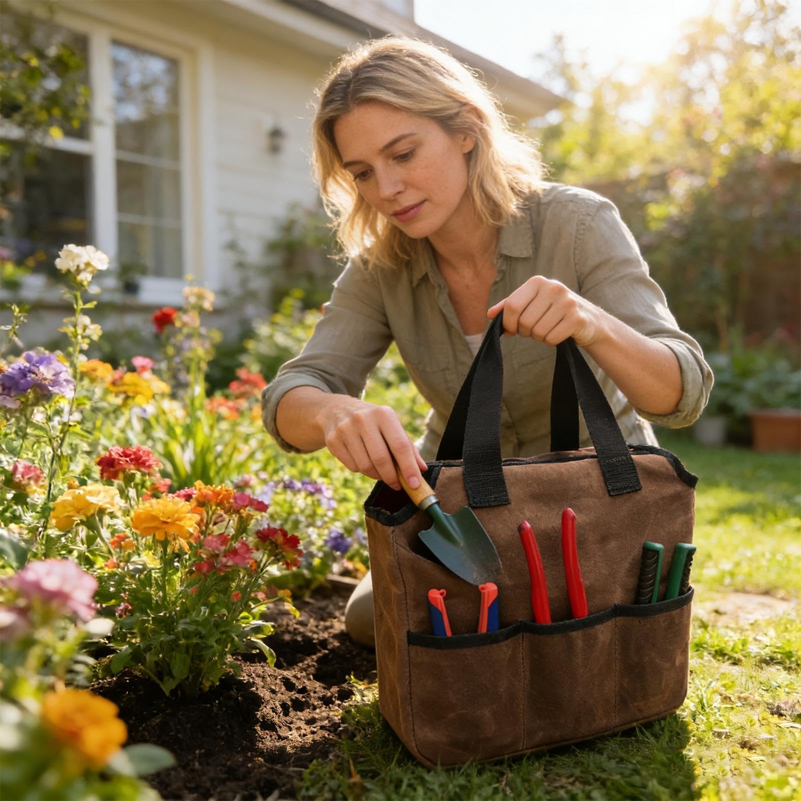 Bolsa de herramientas de jardín de encerada, bolsa de jardín