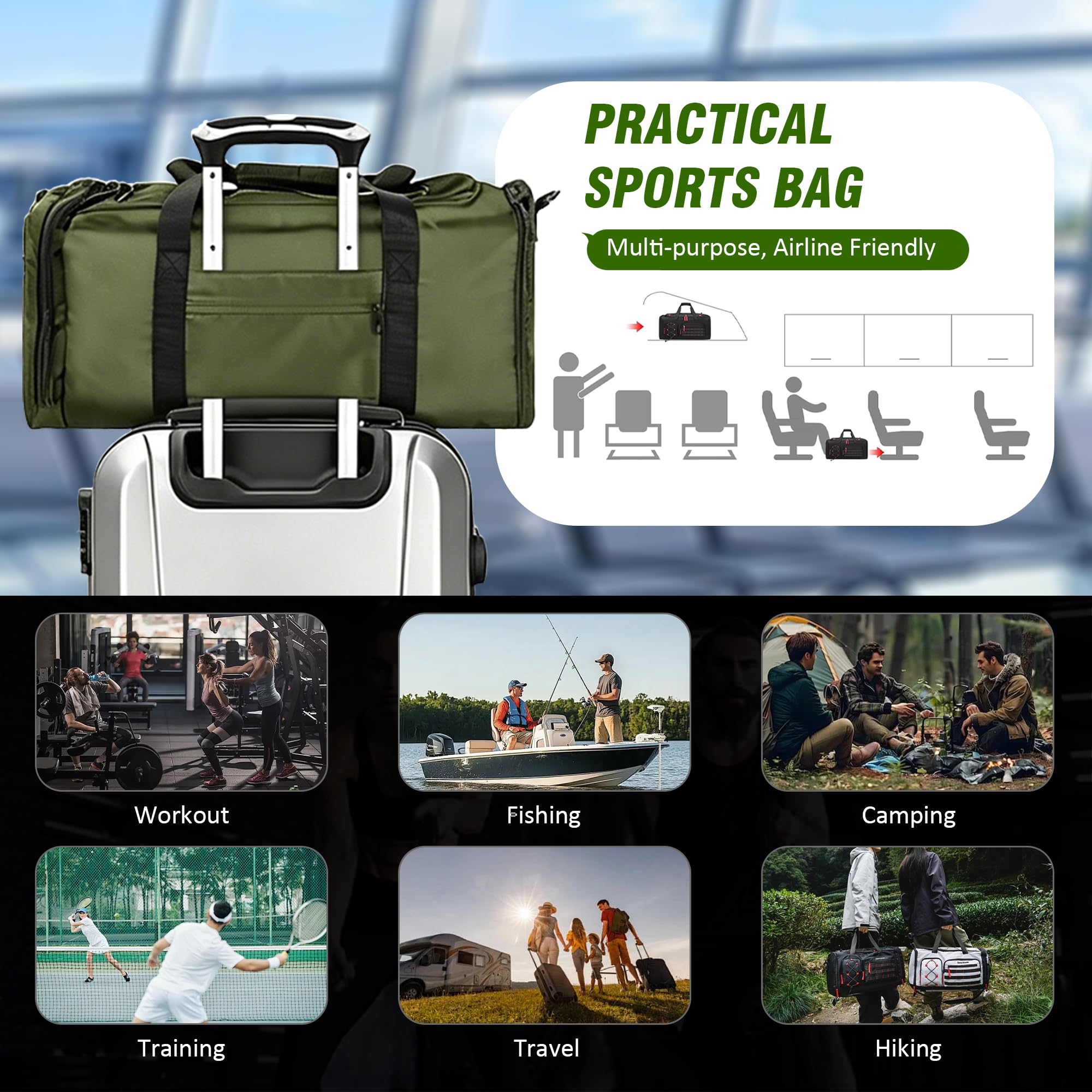 36-55 l torba sportowa, męska, damska, 3 w 1, torba podróżna z kieszenią na buty, wodoszczelna, na siłownię, torba treningowa, do aktywności na świeżym powietrzu, fitnessu, podróży, zielona