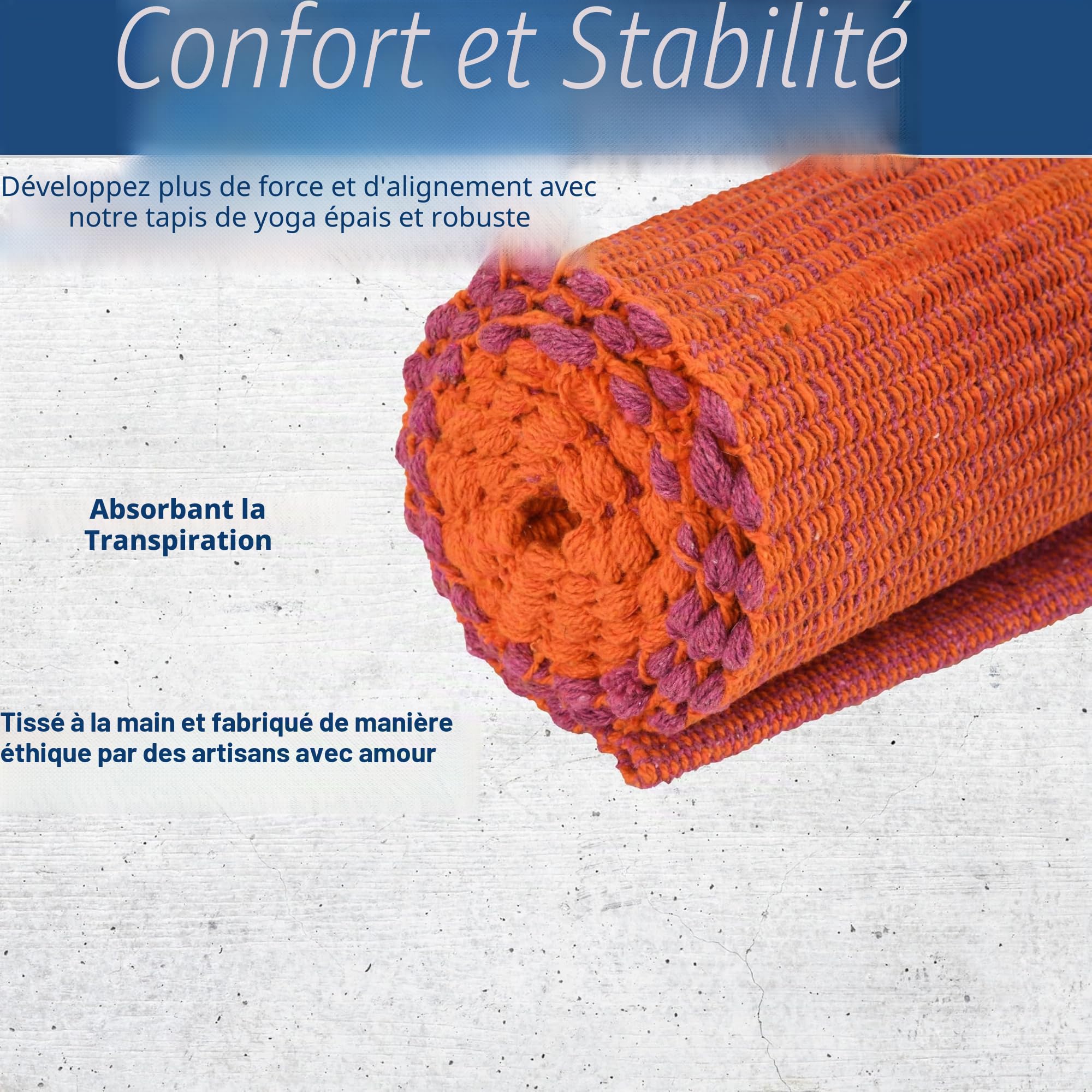 Tapis de yoga 100 % coton bio antidérapant : écologique, tissé à la main et extra long (71,1 x 188,8 cm) pour un confort et une stabilité ultimes avec sac de transport en coton
