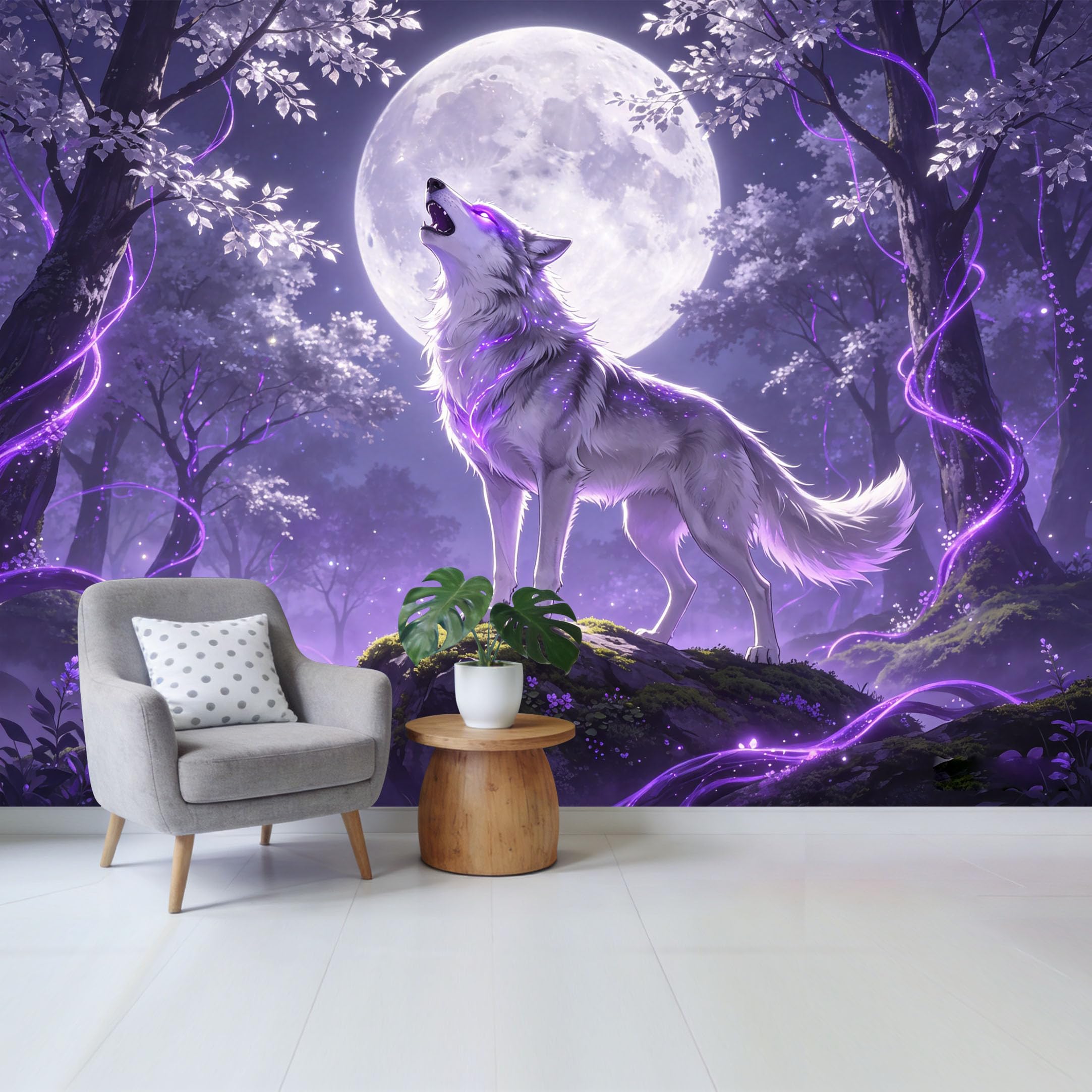 Qzlithotic Yq2605250446 Custom Size Wall Mural Glowing Purple Wolf Howling At Full Moon Forest Botanical Landscape Selfadhesive Wall Fabric Removable Wallpaper For Home Office Decor