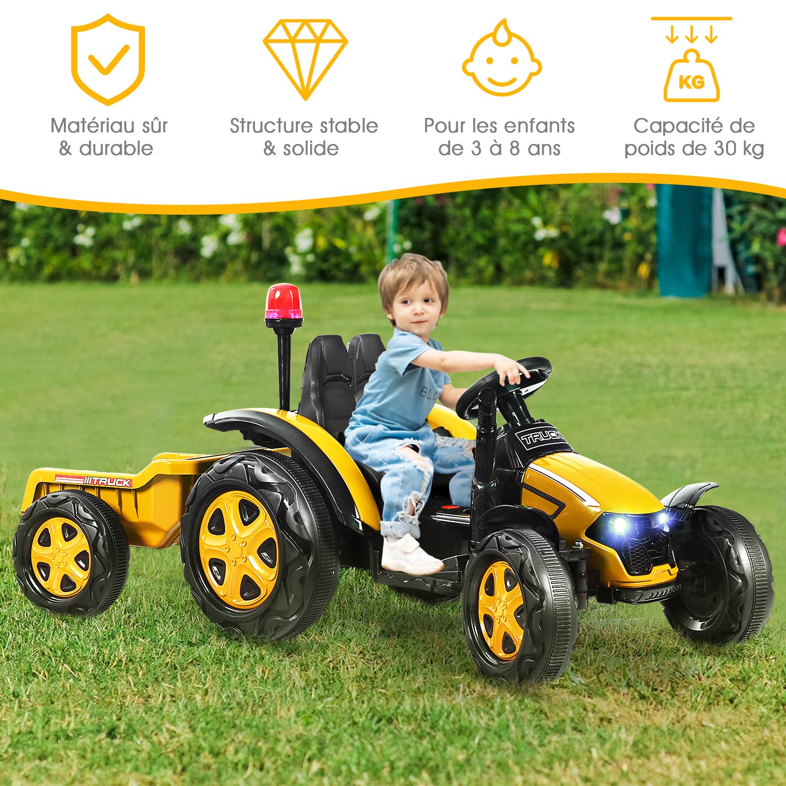 COSTWAY 12V Tracteur Électrique Enfant avec Remorque Amovible & Télécommande 2,4G, Voiture Électrique avec Lumière & Musique, Cheminée & Feu, 3-8 km/h, Charge 30kg pour Enfants de 3-8 Ans