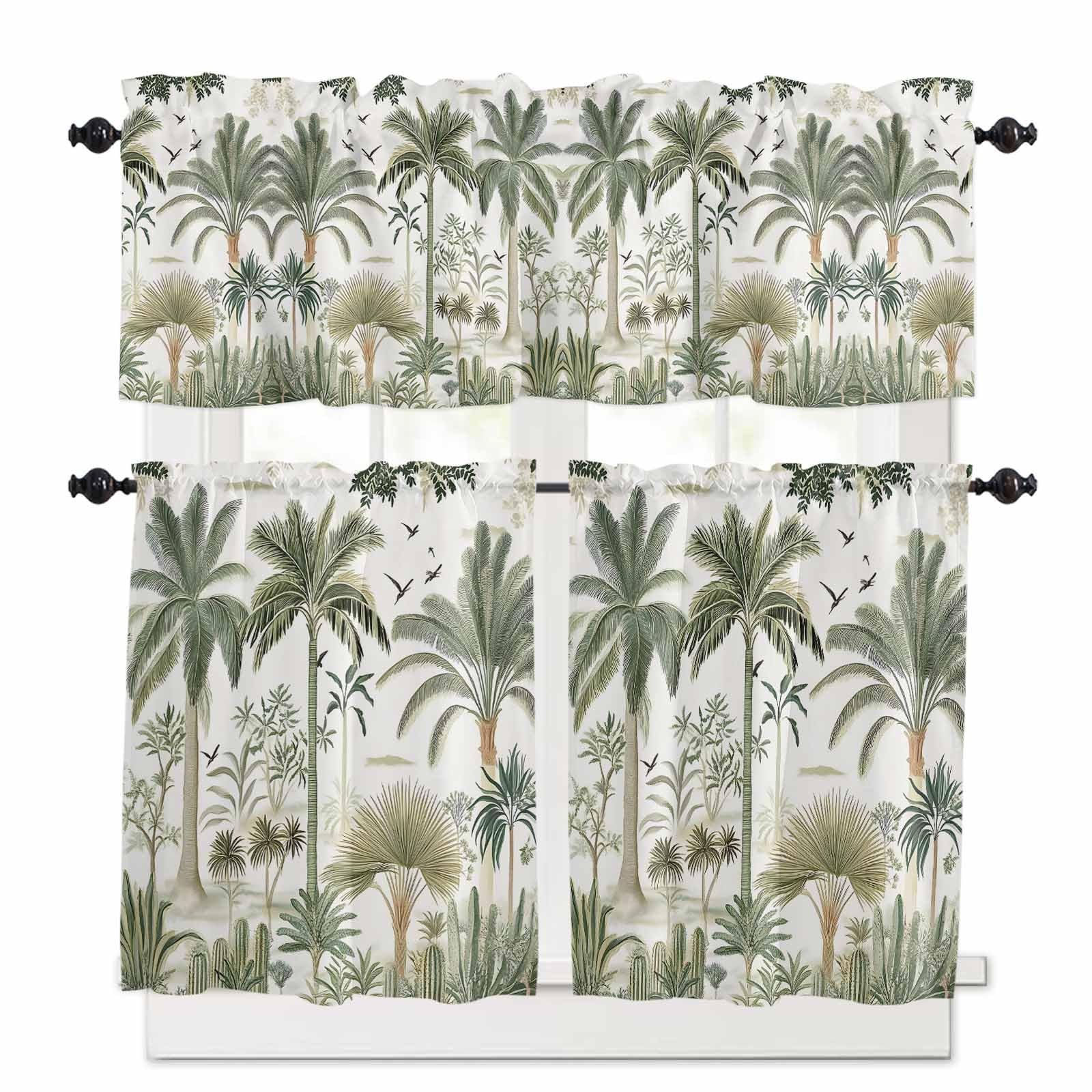 Tropical Green Palm Tree Kitchen Curtains 36 Inch Length, 3 Piece Rod Pocket Small Half Tiers and Valance Set, Summer Beach Cactus Small Large Window Treatment Decor for Bedroom/Bathroom Sink
