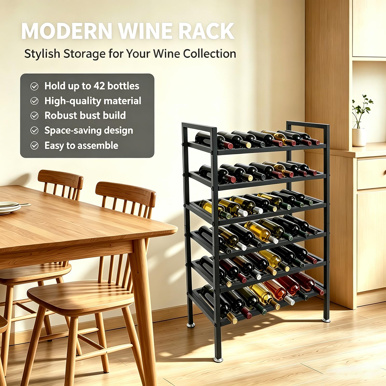 Weinregal für 42 Flaschen, Metall, 60 × 30 × 95 cm, Schwarz