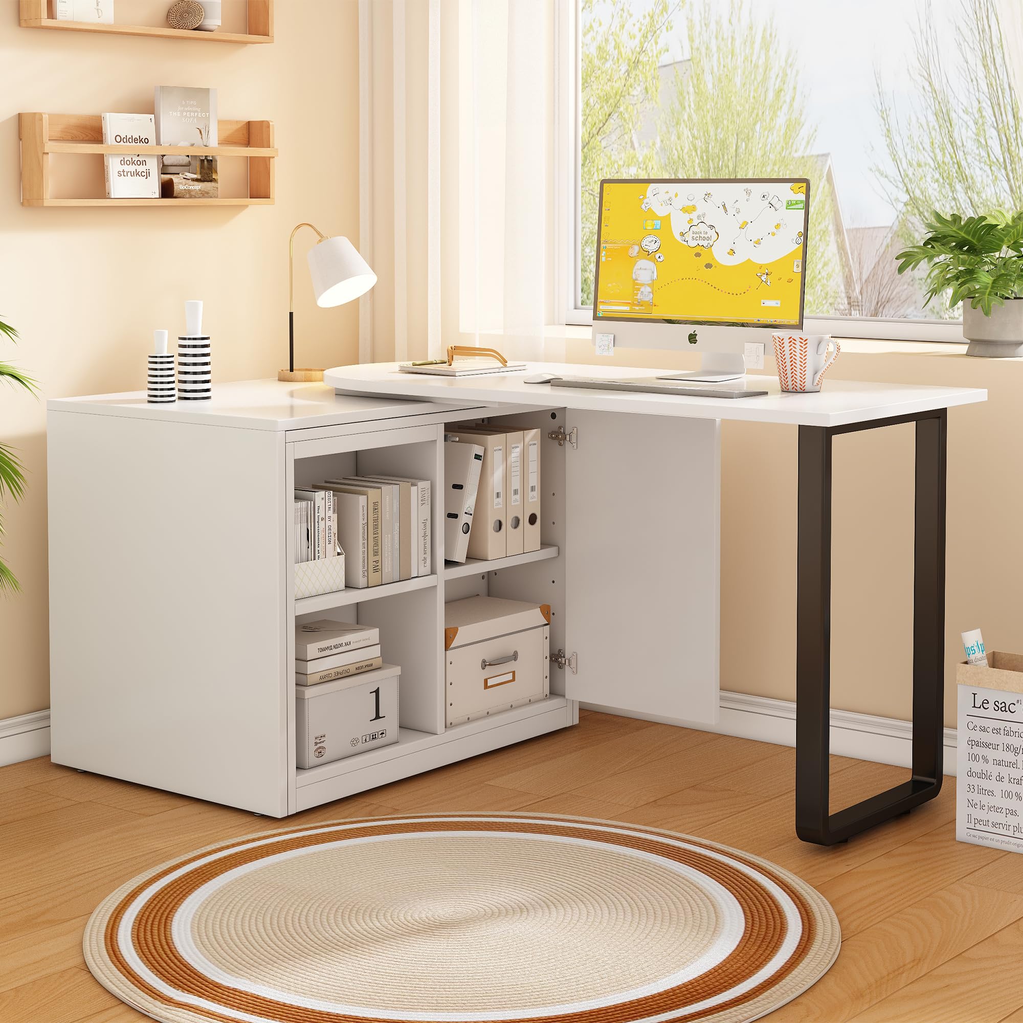 BTM 2-in-1 Klappbett mit Matratze Eckschreibtisch mit Stauraum und Rollen Bett mit Schreibtisch Schrank Gästebett Klappbar Weiß