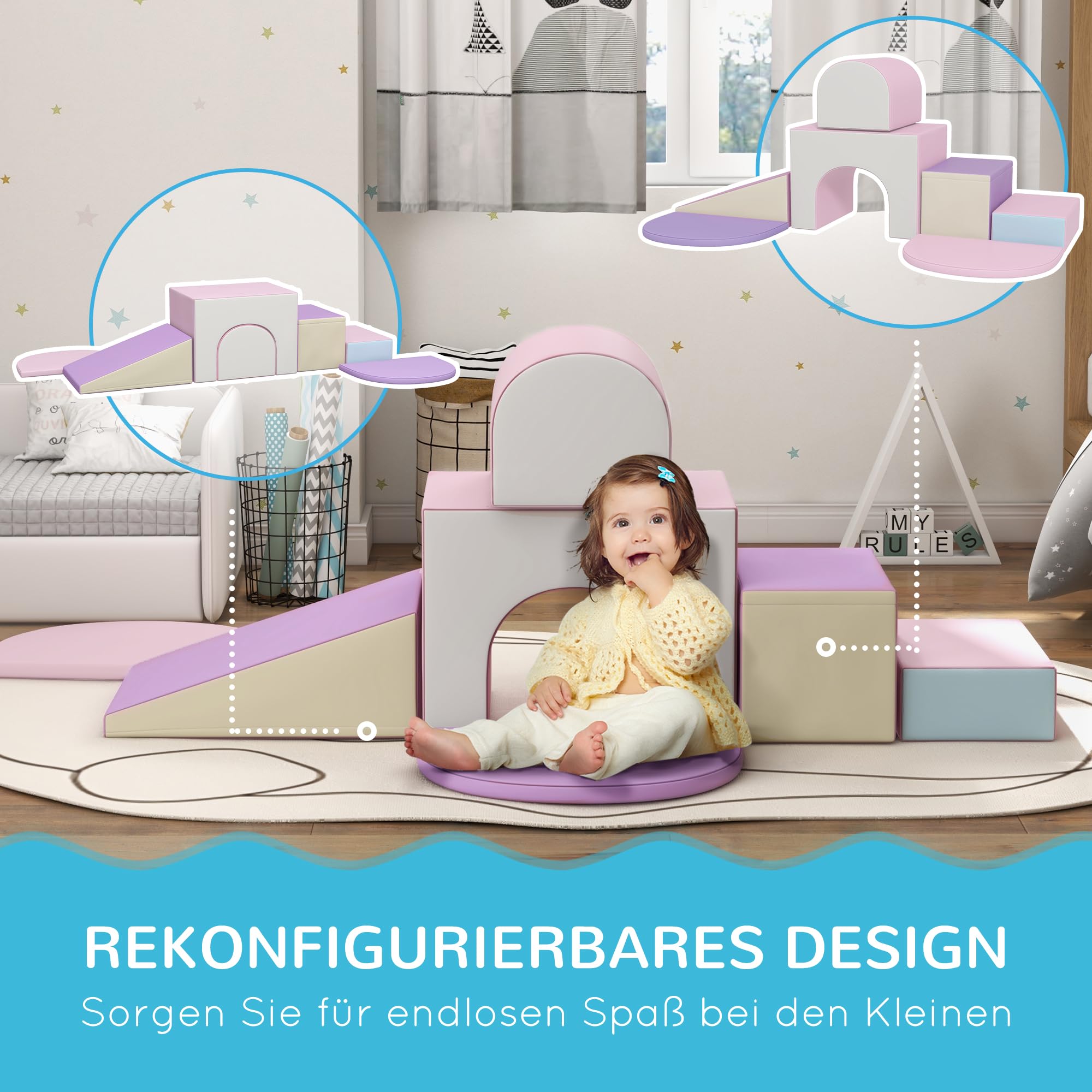 HOMCOM 7PCS Baby-Motorikmodul Baby-Motorikparcours Bauklötze aus EPE-Schaumstoff mit kunststoffbeschichtetem Bezug - Lernspielzeug für Vorschulkinder, mehrfarbig