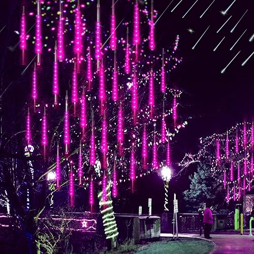 Miniatura 7 de Blingstar Luces de lluvia de meteoritos moradas, luces de Navidad de 16 pulgadas, 360 LED, 10 tubos, luces de lluvia impermeables para exteriores,