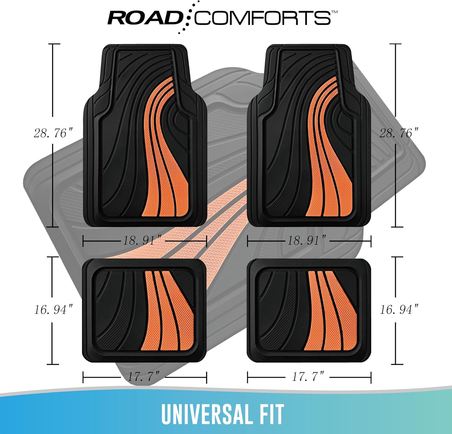 Road Comforts Car Floor Mats Full Set – Front & Rear Car Floor Mats with Aluminum Design, Anti-Slip Backing, All-Weather Protection, Trim-to-Fit Car Mats for Most Sedans, SUVs & Vans - Orange - Image 5